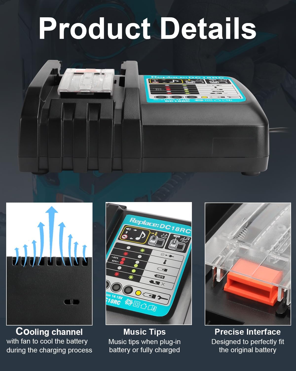 Waitley Caricabatterie DC18RC per Makita 14,4/18 V - immagine 2