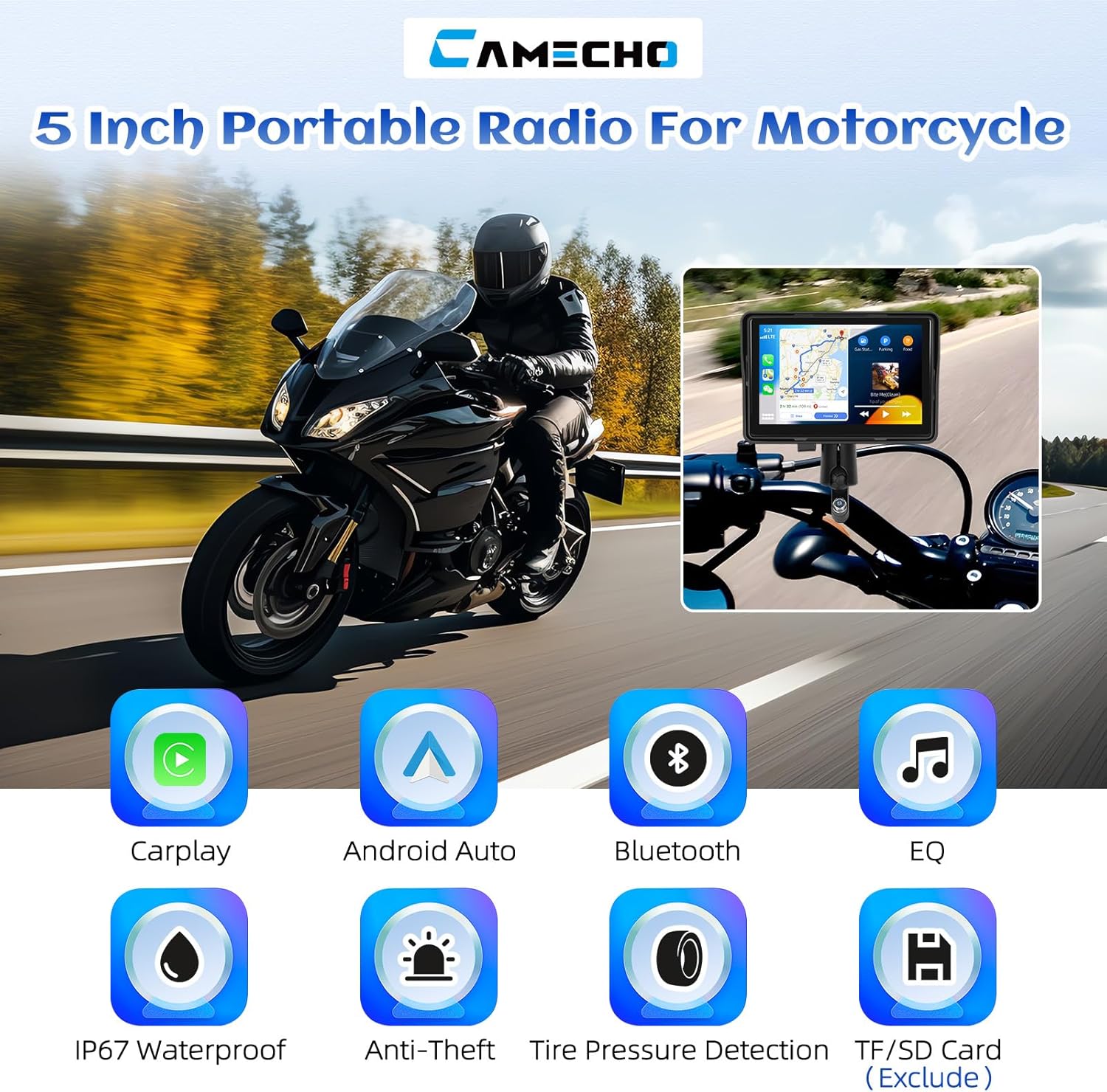 Camecho GPS Carplay Navi Display per Moto 5 Pollici - immagine 2