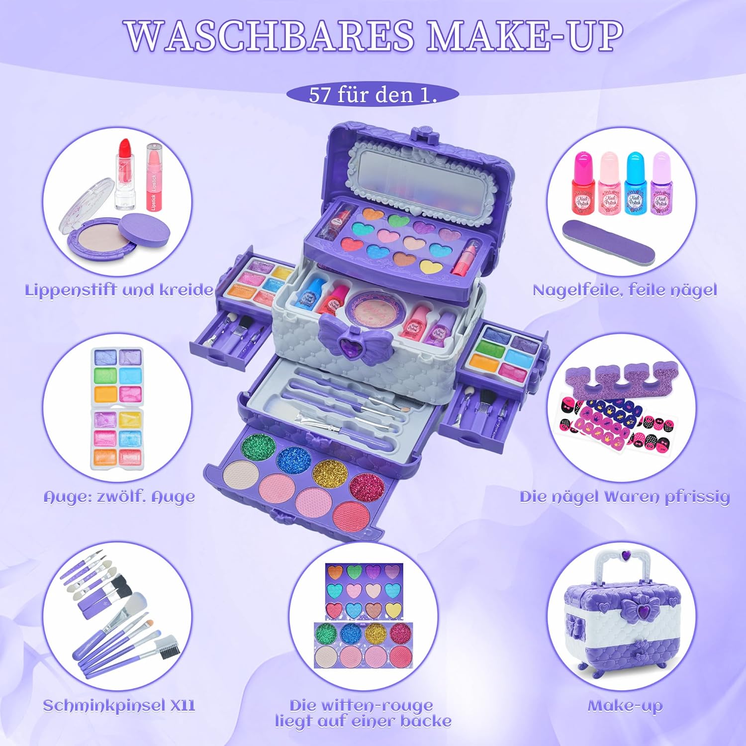 Set Trucchi Bambini 57 Pezzi Anallergici Lavabile, Viola - immagine 3