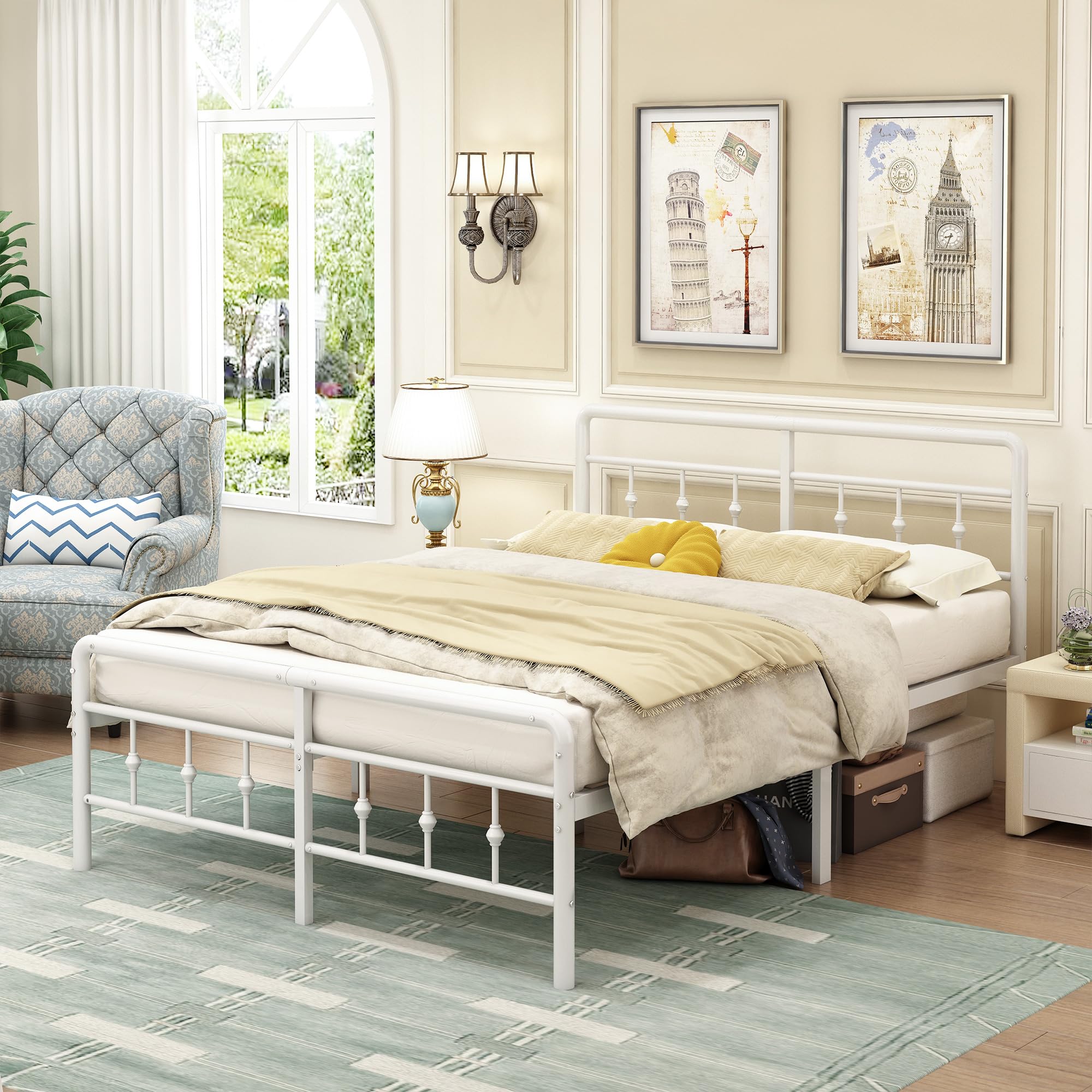 EMODA Letto Matrimoniale 140x190cm con Testata Vittoriano, Bianco