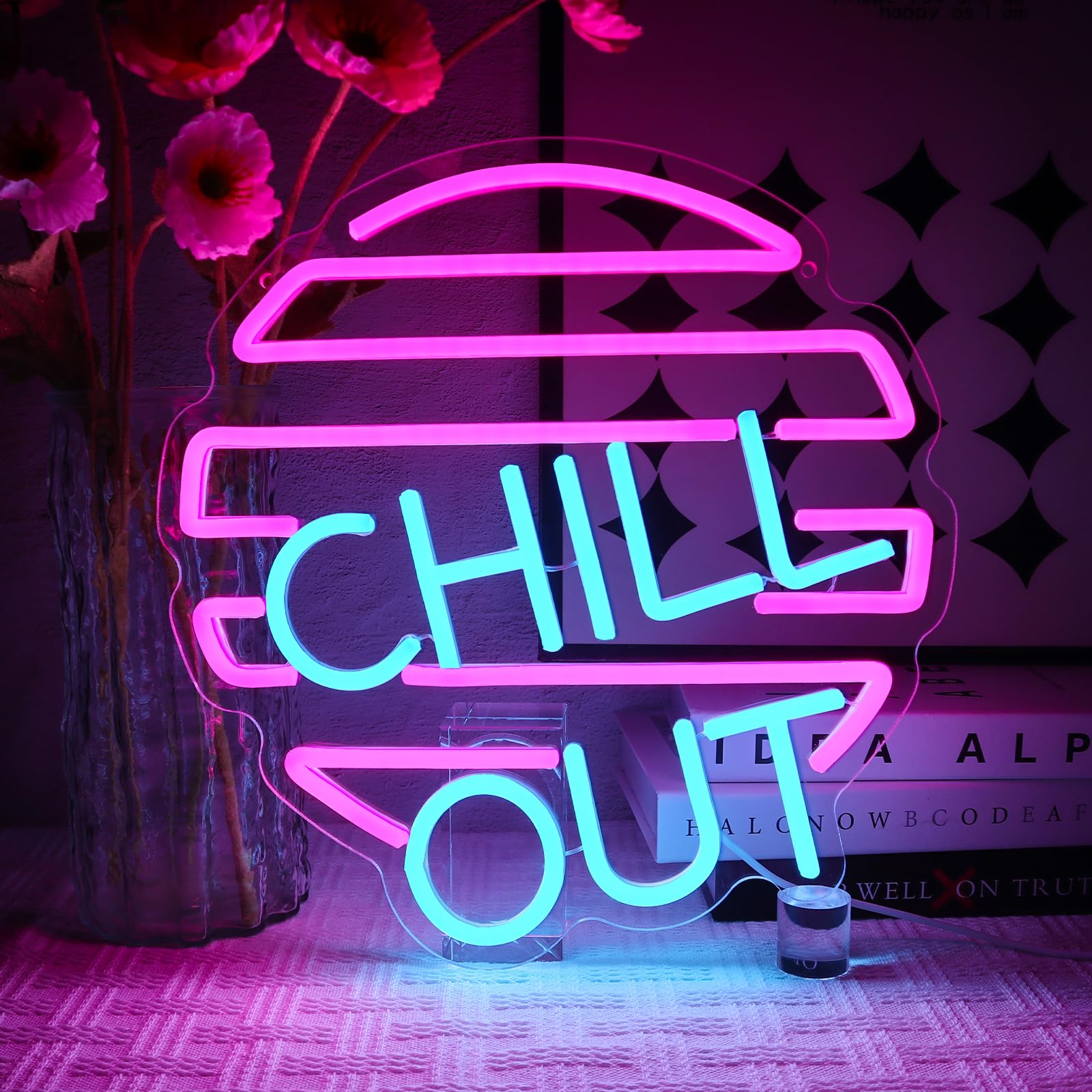 Oycgzv Insegna Neon 'Chill Out' Blu Rosa USB