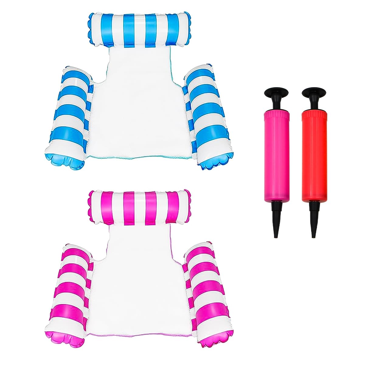 Amaca Gonfiabile Galleggiante per Piscina da 2 Pezzi, Amaca Gonfiabile 4 in 1 (Sella, Poltrona a Sdraio, Amaca, Ramingo), Giocattoli (Blu+Rosa)