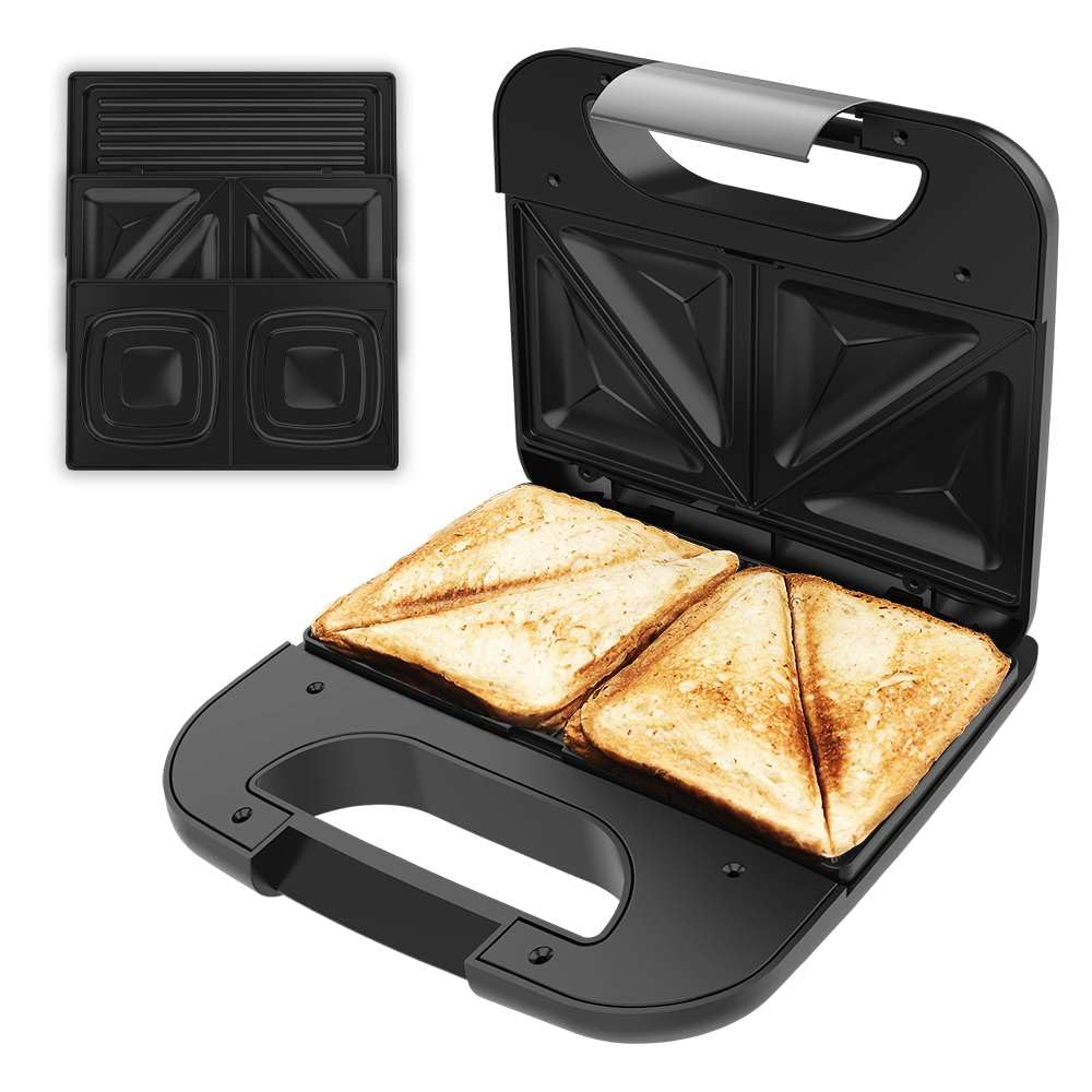 Cecotec Sandwichmaker Rock’nToast Combo. 800 W, 2 panini con finiture in acciaio inossidabile, 3 piastre intercambiabili con rivestimento antiaderente, privo di PFOA, manico a freddo al tatto