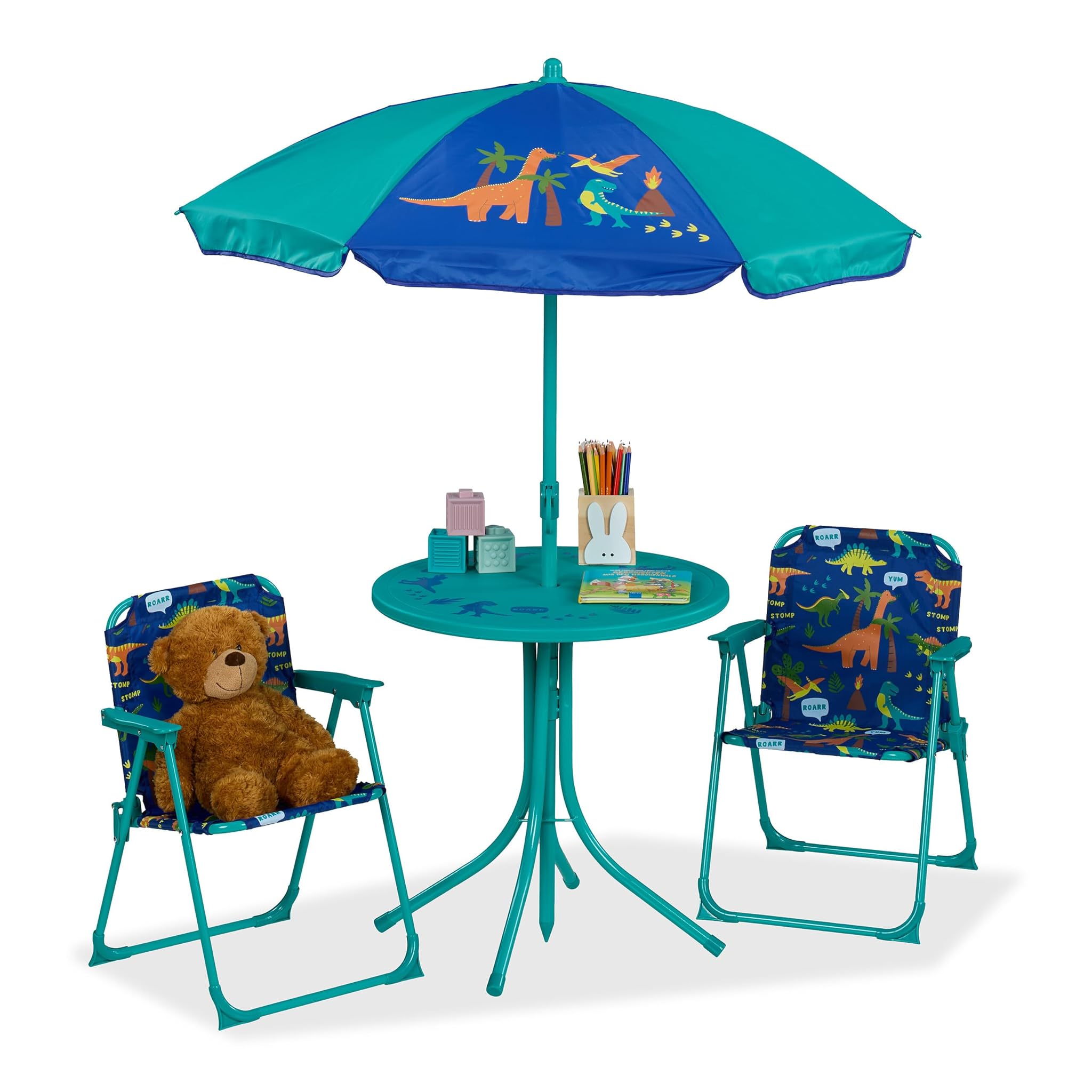 Relaxdays Tavolo Bambini con Ombrellone e 2 Sedie, Turchese