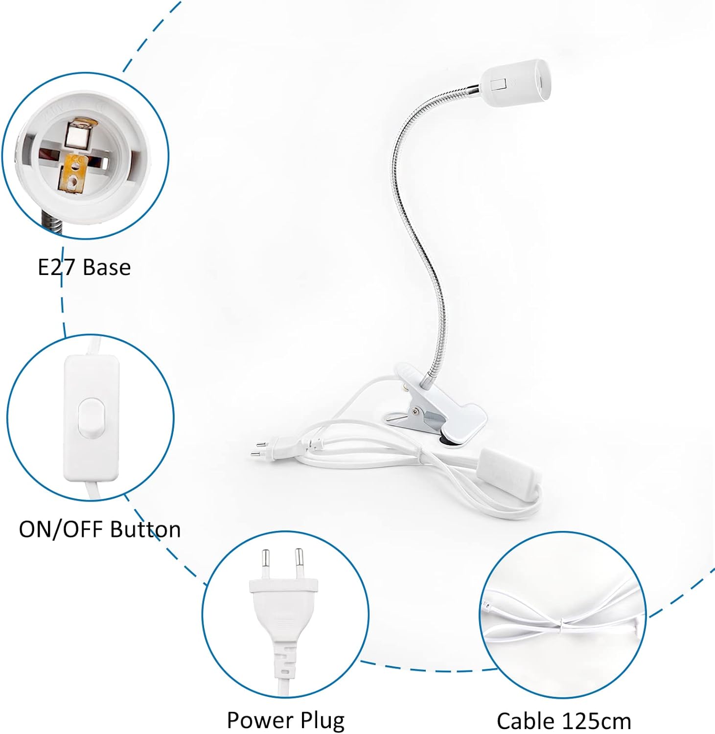 Portalampada E27 con Pinza e Interruttore, Bianco - immagine 2