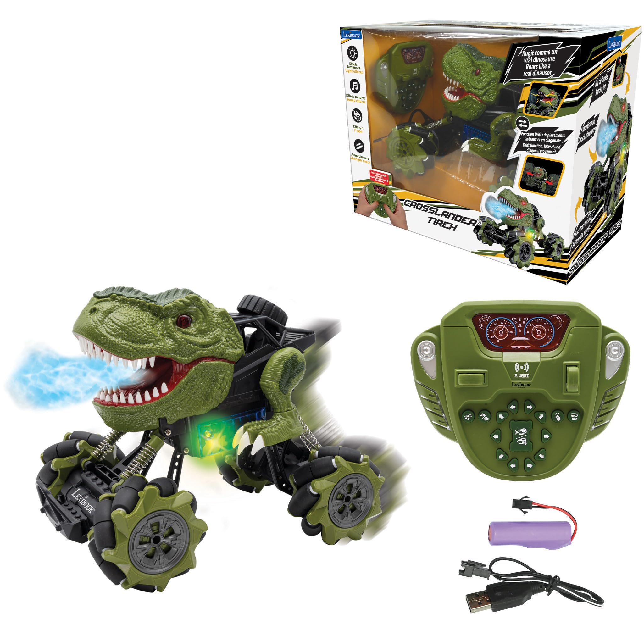 Voiture radio commandée Lexibook Crosslander Tirex avec effet sonore et lumineux