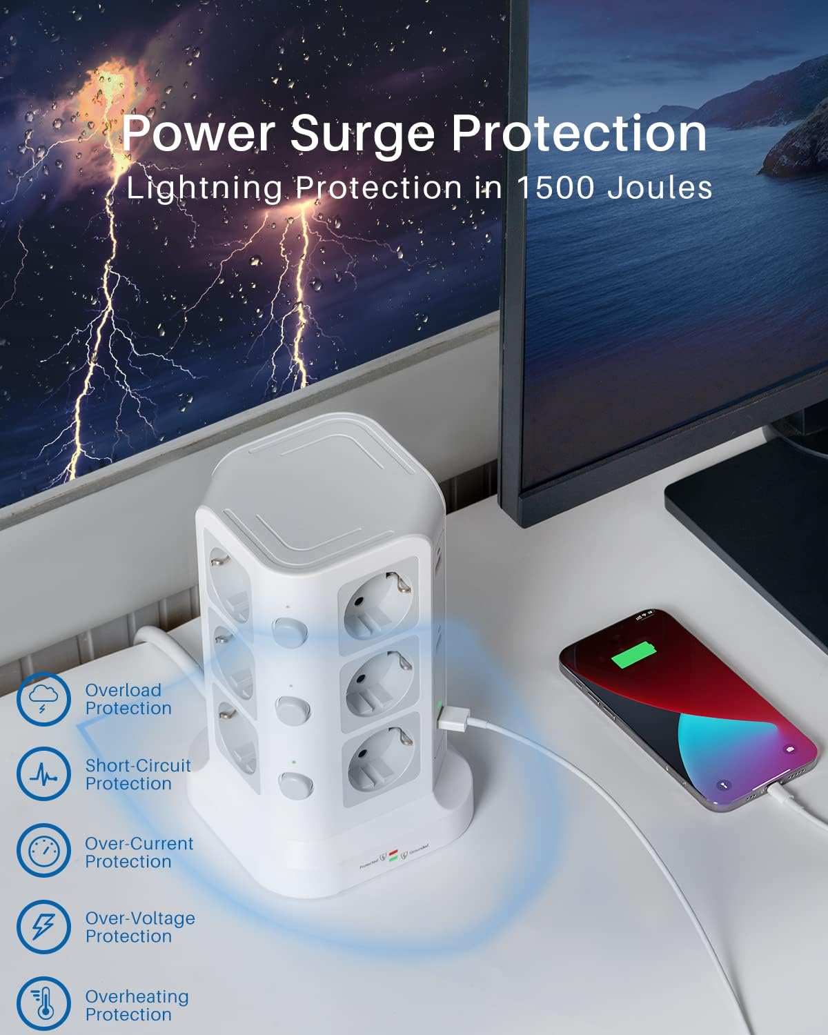 Koosla Multipresa Verticale 4000W con 12 Prese e 6 USB-A - immagine 3