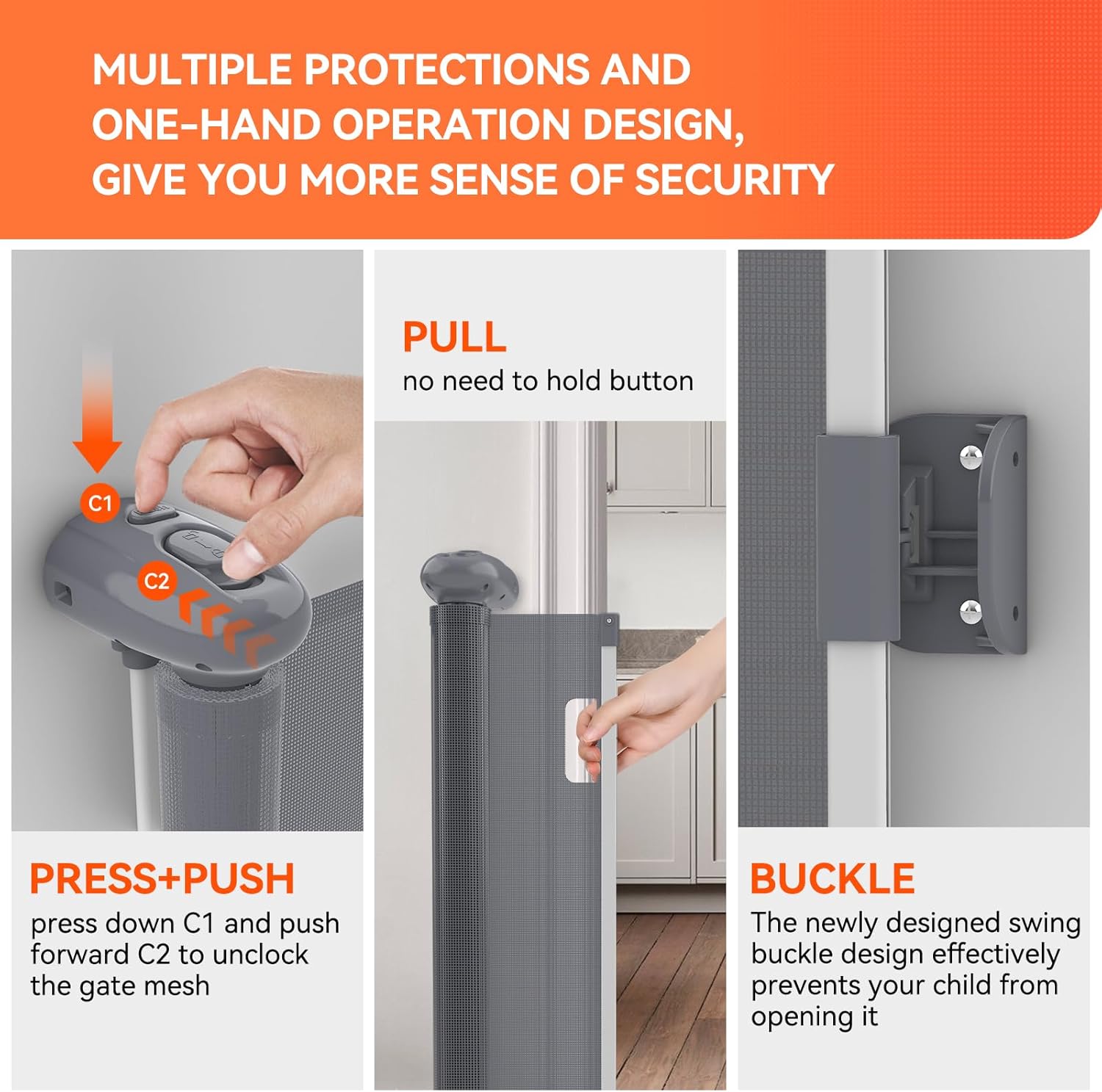 Cancelletto per Bambini Estensibile 0-140cm Cancelletto di Sicurezza Scale, Cancelletto Retrattile per Animali Domestici, Operazione con una Sola Mano per Corridoi Interni ed Esterni, Grigio - immagine 4