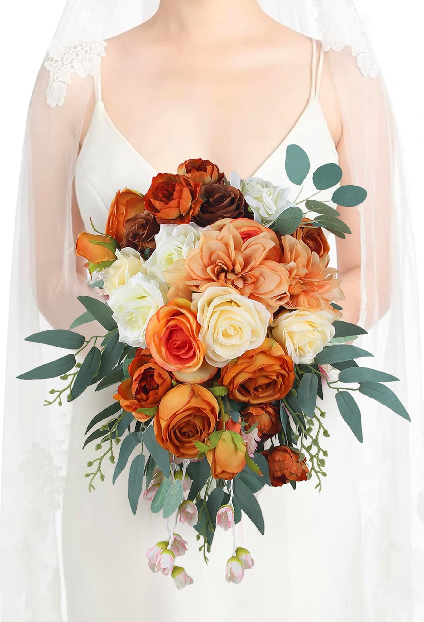 Rinlong Bouquet da Sposa a Cascata Arancione Bruciato 30cm