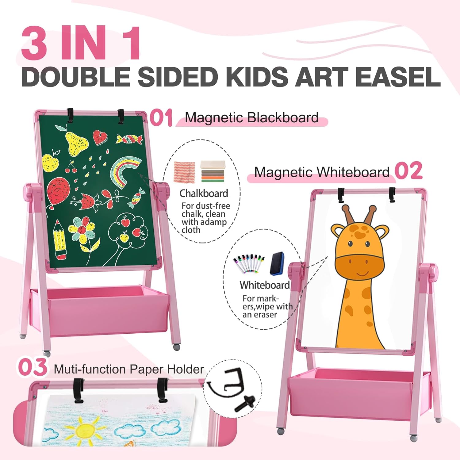 Lavagna per Bambini 3 in 1 Regolabile e Pieghevole - immagine 3