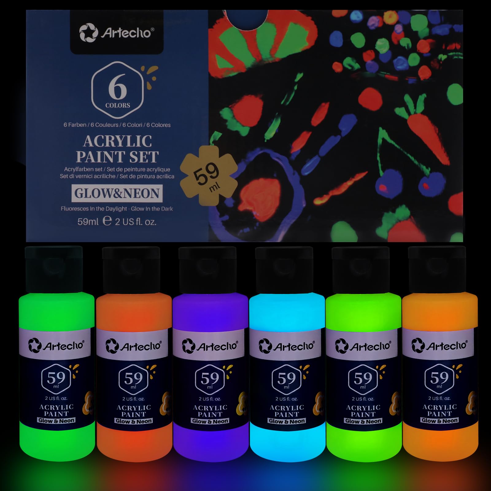 Artecho Set Colori Acrilici 6x59ml Glow in the Dark
