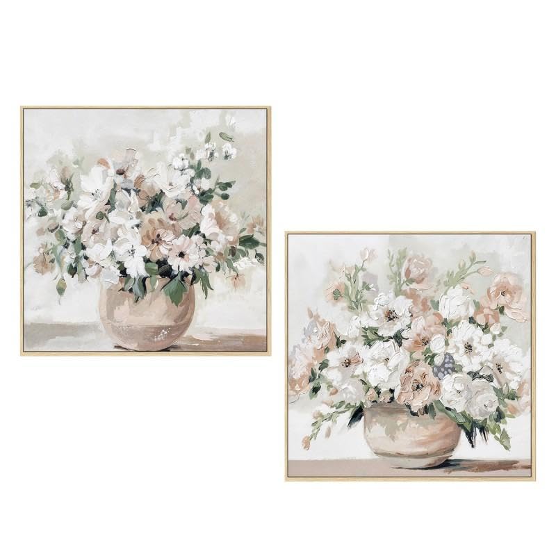 Set 2 Quadri Tela Vasi con Cornice Legno Naturale 60x60cm