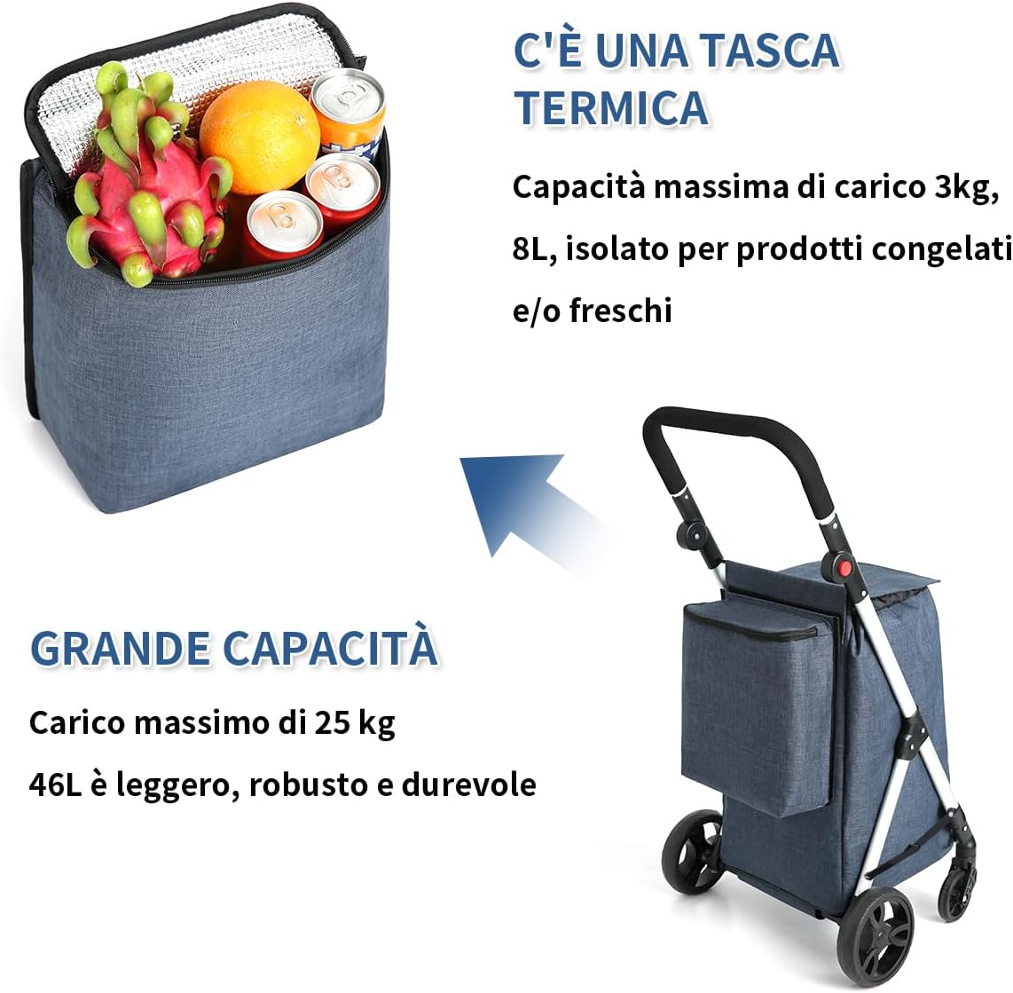 Leuya Abc Carrello della Spesa 4 Ruote 46L, Blu - immagine 4