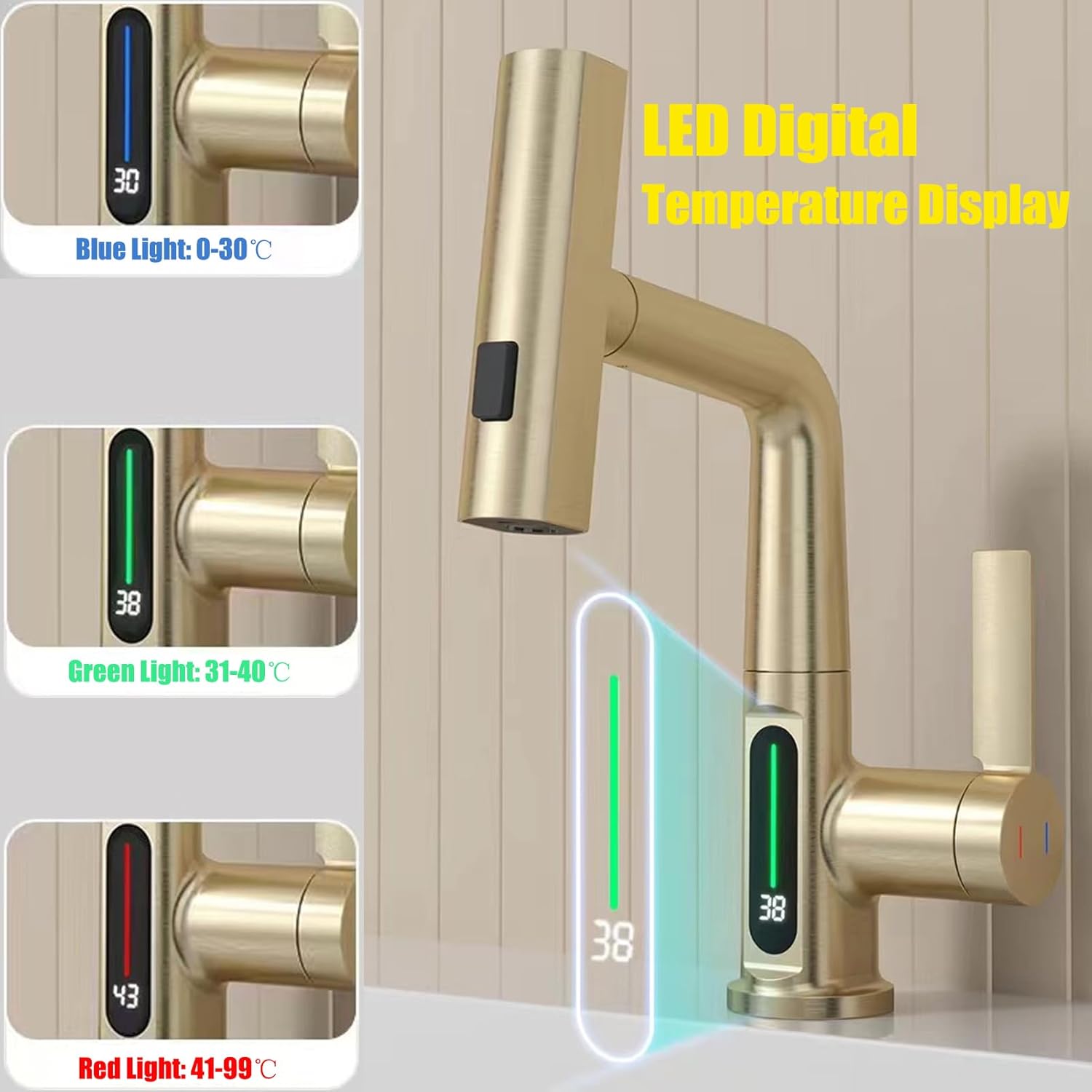 Rubinetto Cucina con Doccetta Estraibile e Display LED, Oro - immagine 3