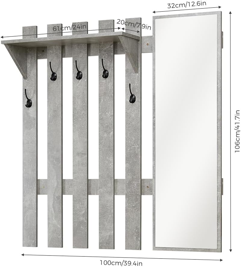 Meerveil Appendiabiti da Parete con Specchio, Grigio - immagine 4