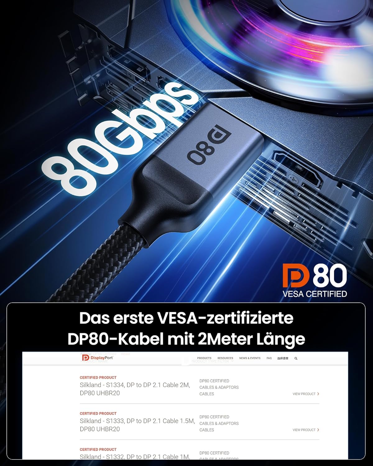 Silkland Cavo DisplayPort 2.1 80Gbps 2M Certificato VESA - immagine 2