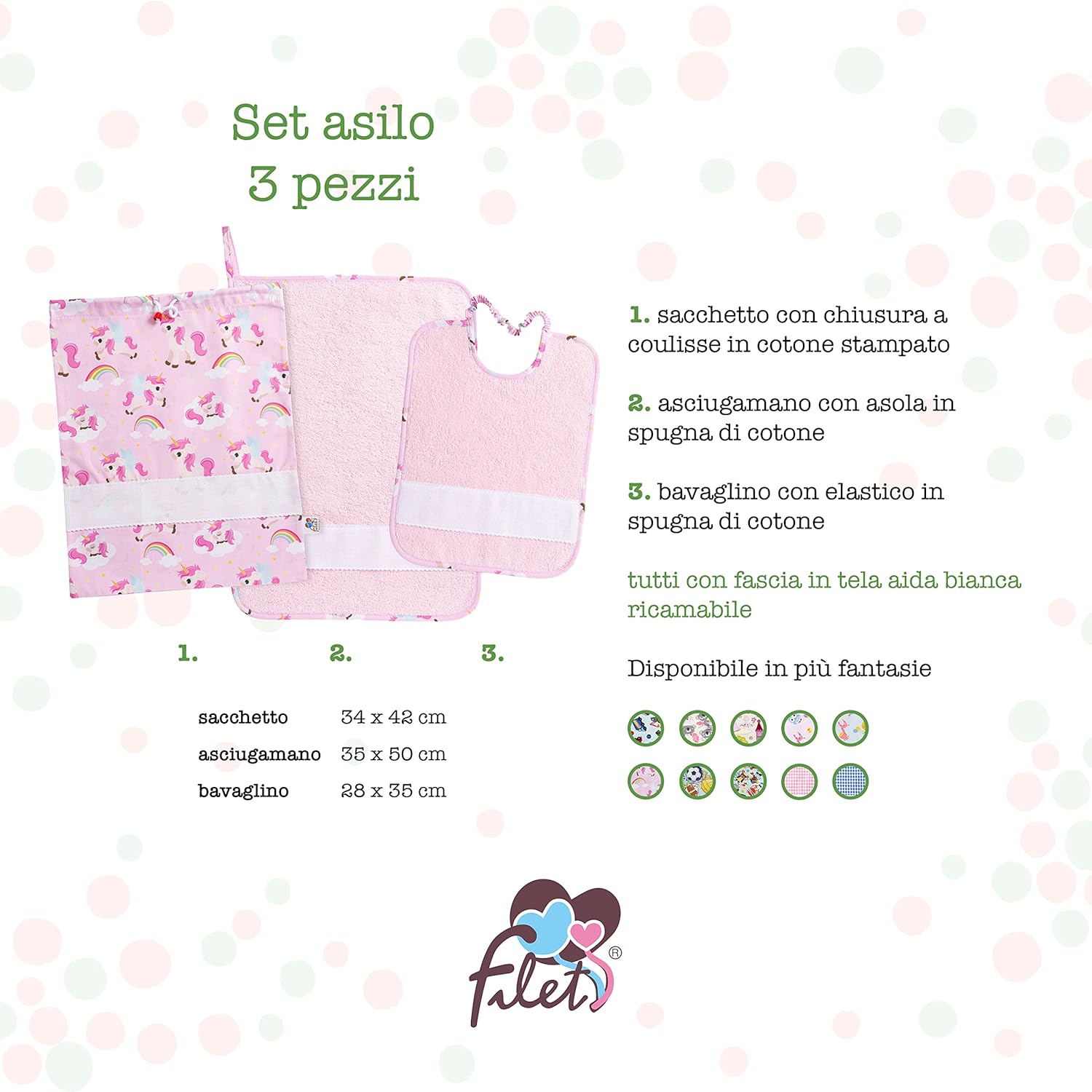 Filet - Set Asilo 3 Pezzi Unicorni, Rosa - immagine 2