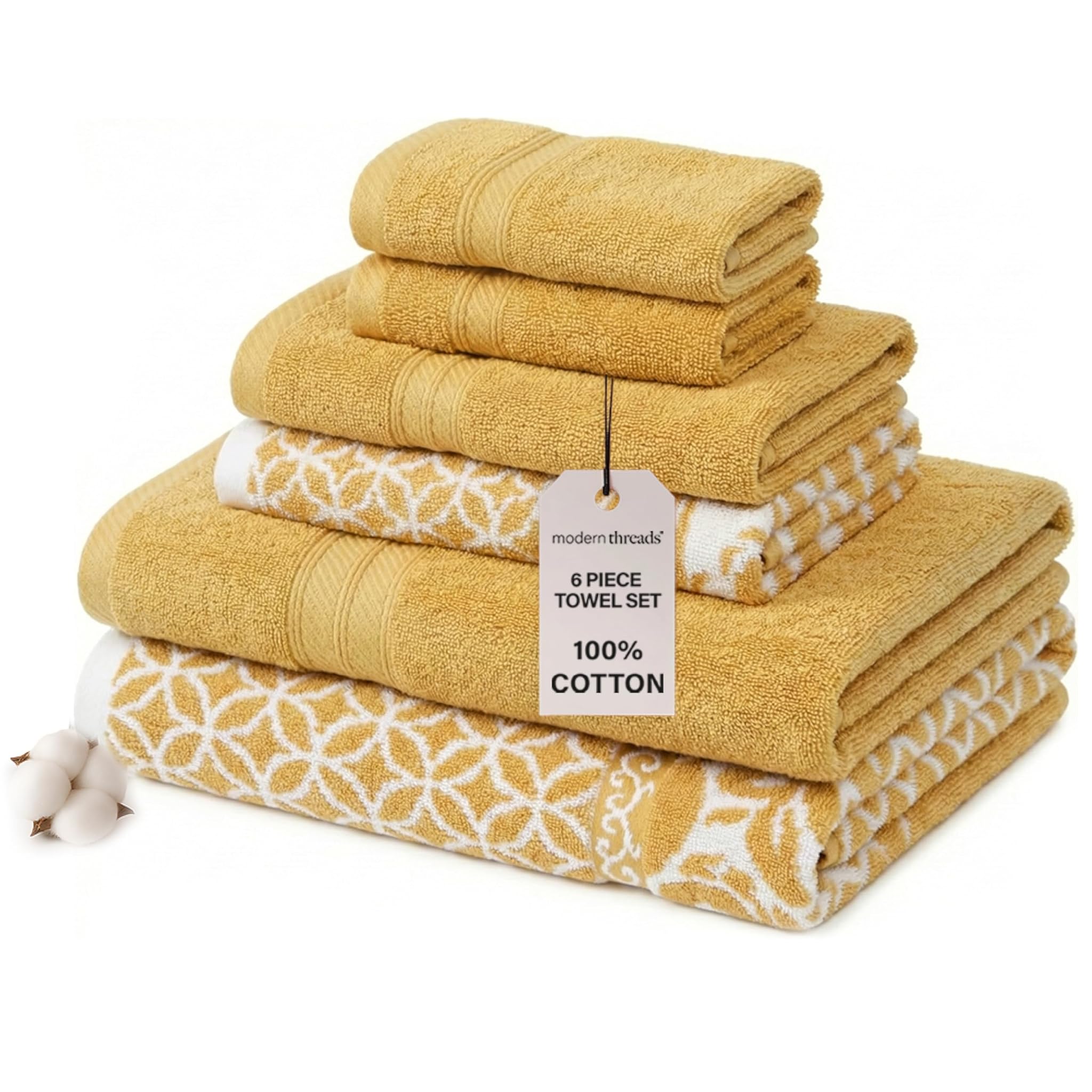 Modern Threads - Set Asciugamani 6 Pezzi 100% Cotone, Oro