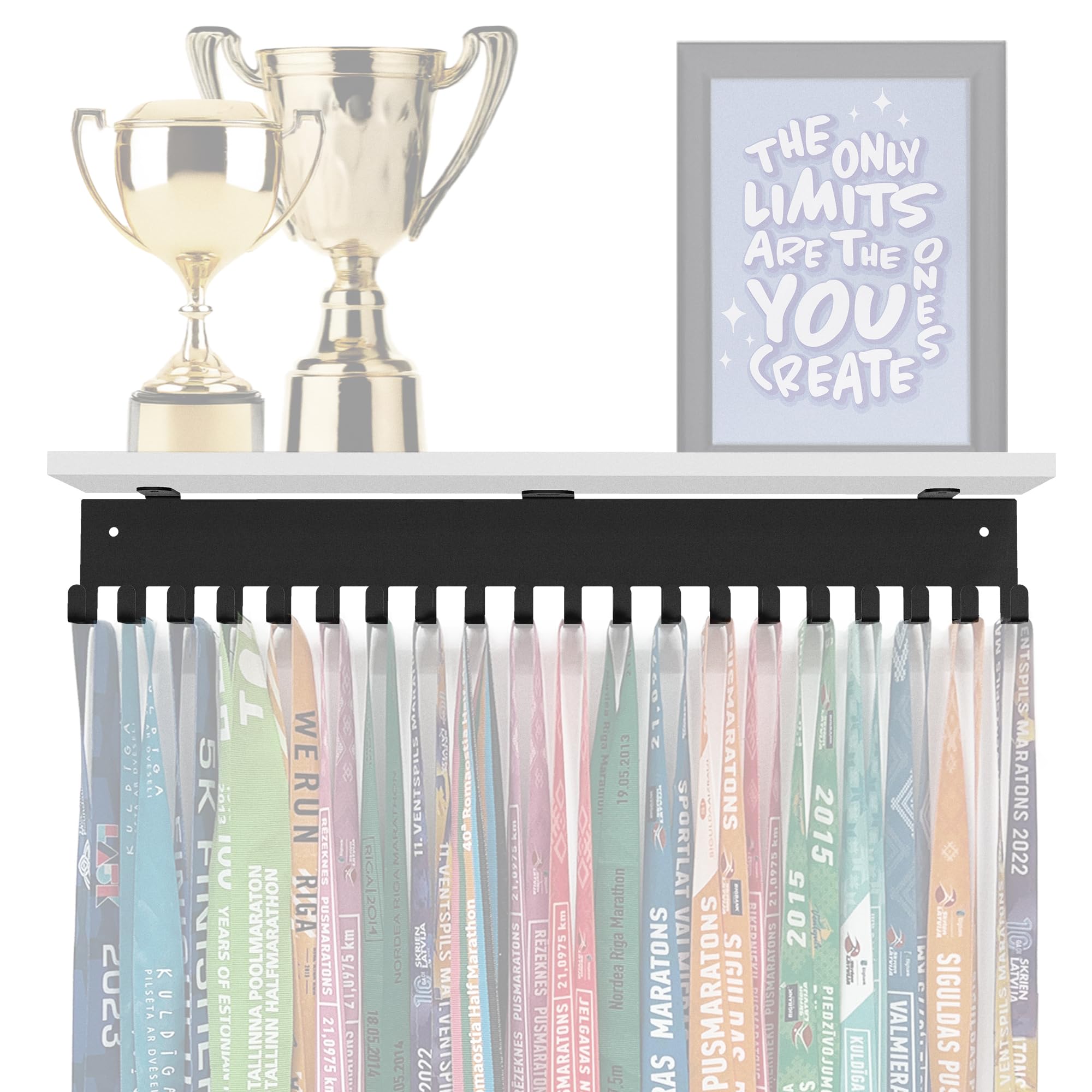 Espositore per medaglie, bianco con ripiano in bambù bianco