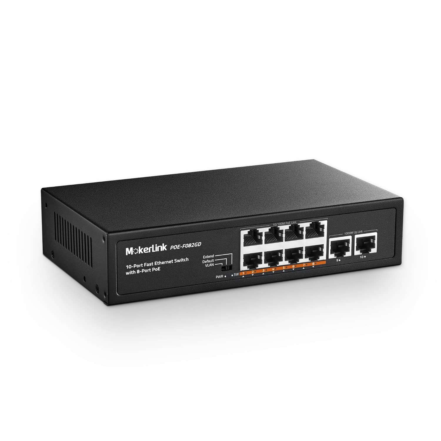 MokerLink 10 Porte Switch PoE, 8 PoE+ 100Mbps, 2 Gigabit Uplink, 96W 802.3af/at, Metal, Fanless, Plug & Play Ethernet Switch