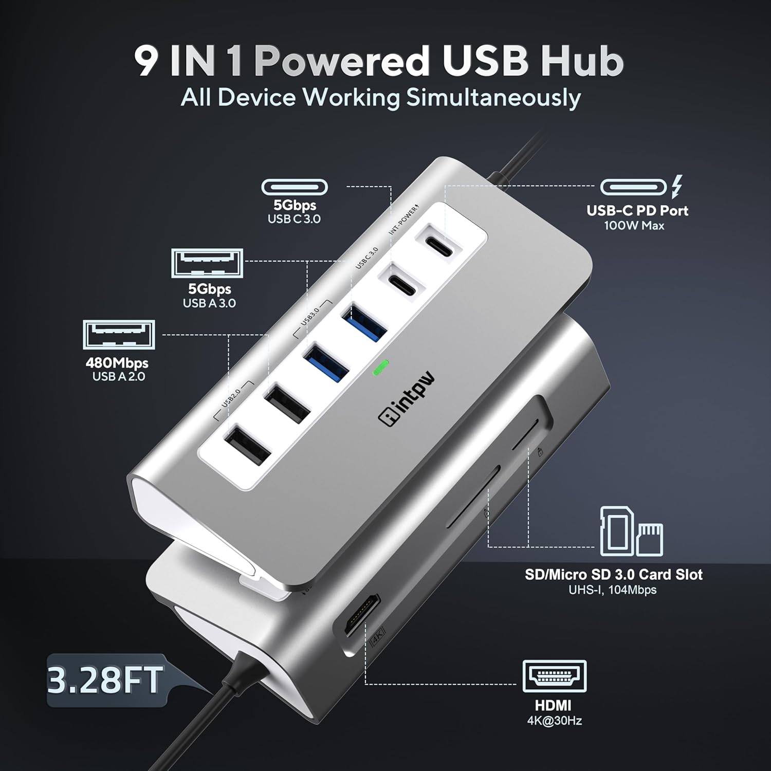 Intpw Hub USB C 9 in 1 Multiport con Cavo 3.28FT - immagine 2