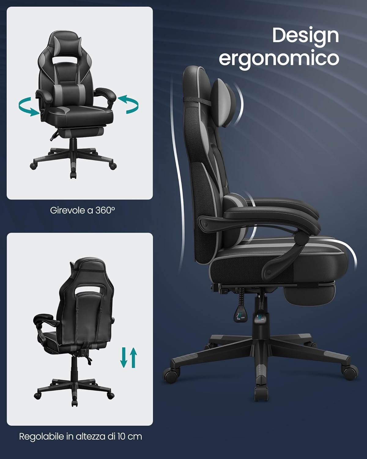 Songmics Sedia da Ufficio Racing Ergonomica, Nero/Grigio - immagine 6