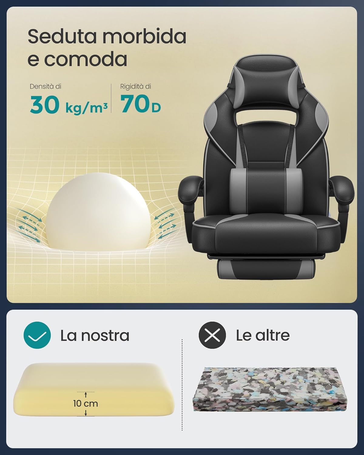 Songmics Sedia da Ufficio Racing Ergonomica, Nero/Grigio - immagine 7