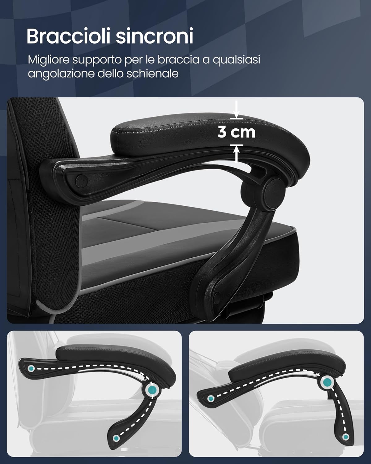 Songmics Sedia da Ufficio Racing Ergonomica, Nero/Grigio - immagine 8