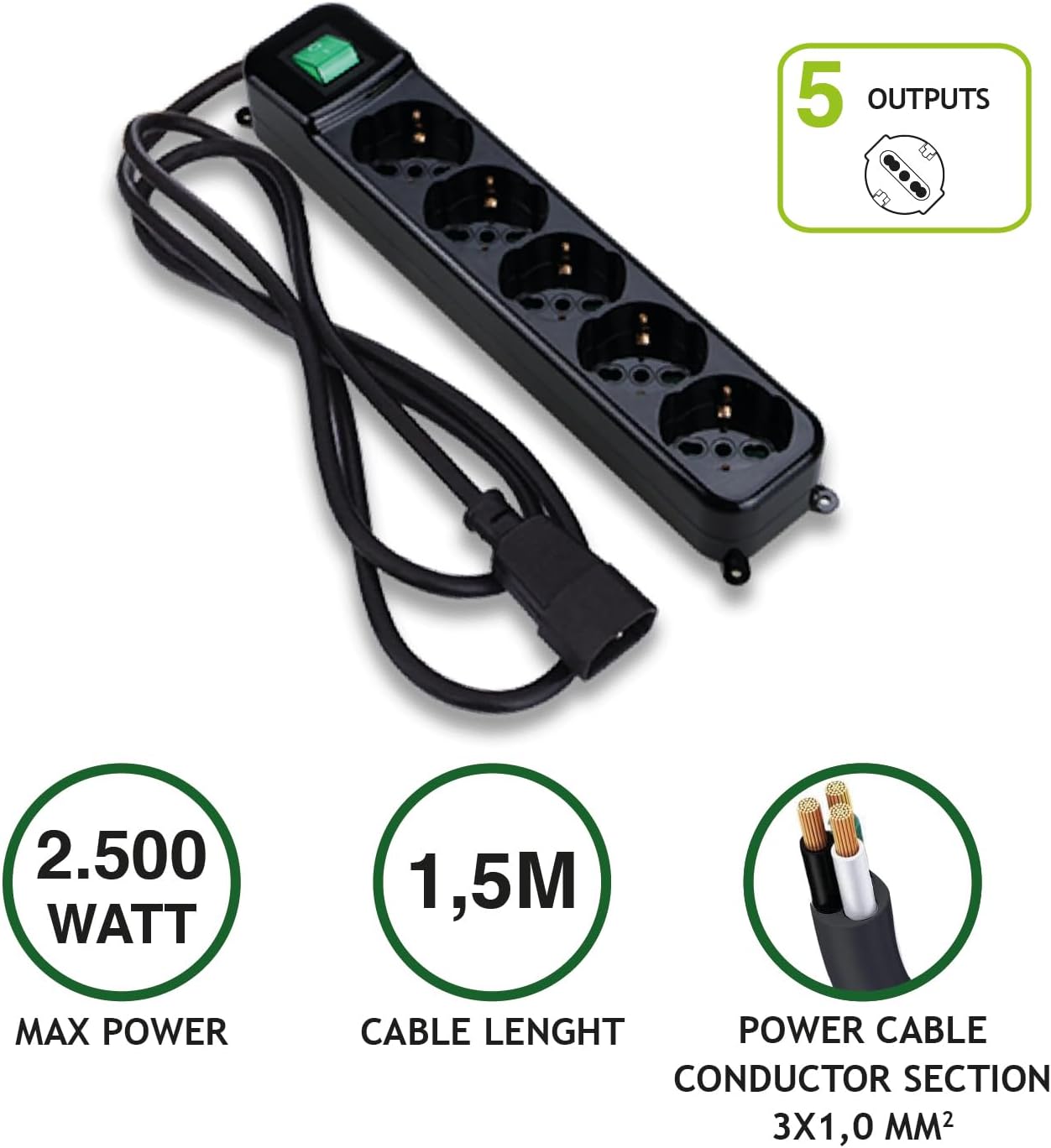 Tecnoware Power Systems, Multipresa Filtrata, Protezione Sicurezza, Interruttore Luminoso, 5 Uscite Schuko/Italia 10/16A, Spina IEC C14, Fissaggio Parete, Child Protection, Nero, Cleaner 5 IEC - immagine 2