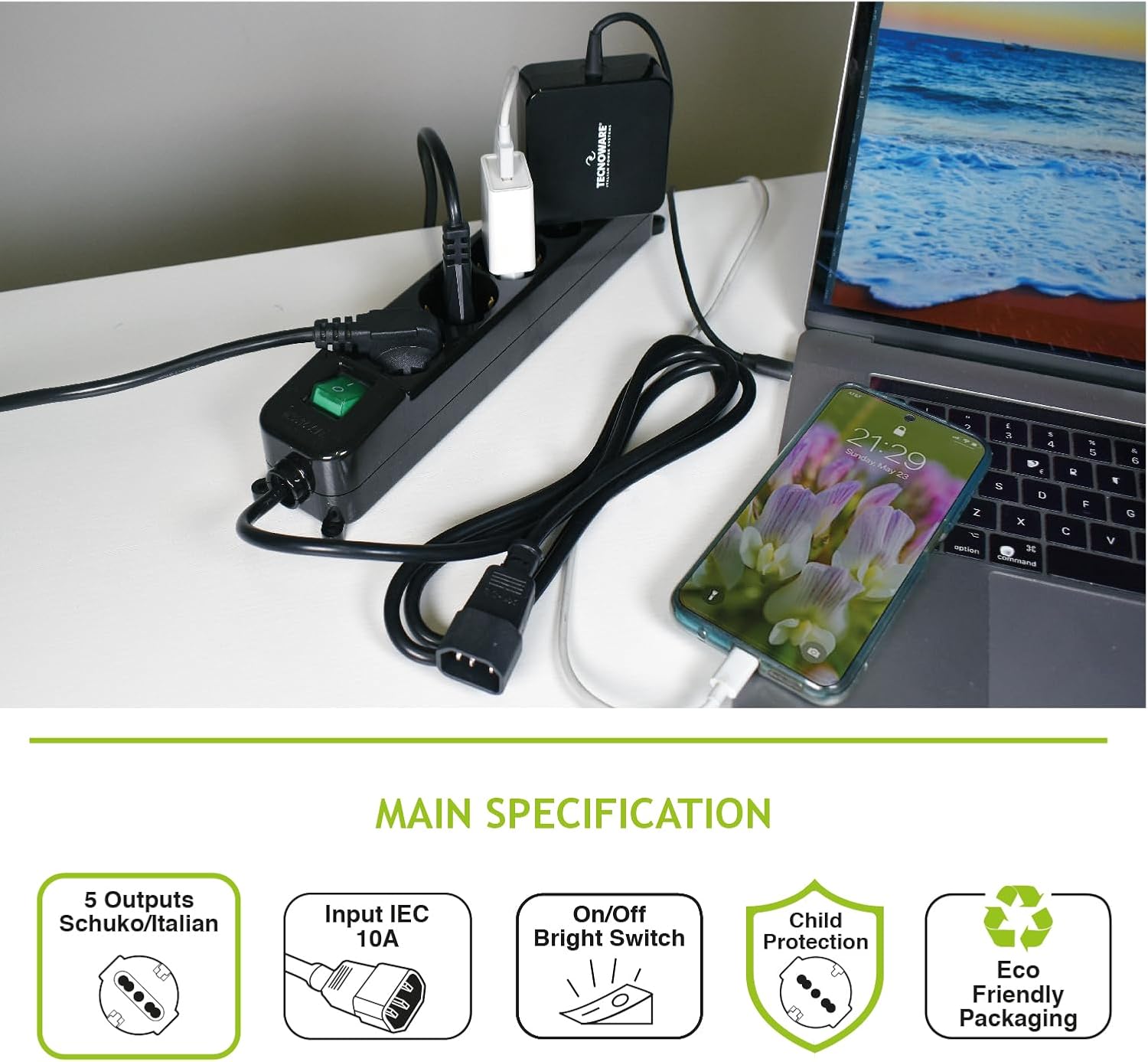 Tecnoware Power Systems, Multipresa Filtrata, Protezione Sicurezza, Interruttore Luminoso, 5 Uscite Schuko/Italia 10/16A, Spina IEC C14, Fissaggio Parete, Child Protection, Nero, Cleaner 5 IEC - immagine 4