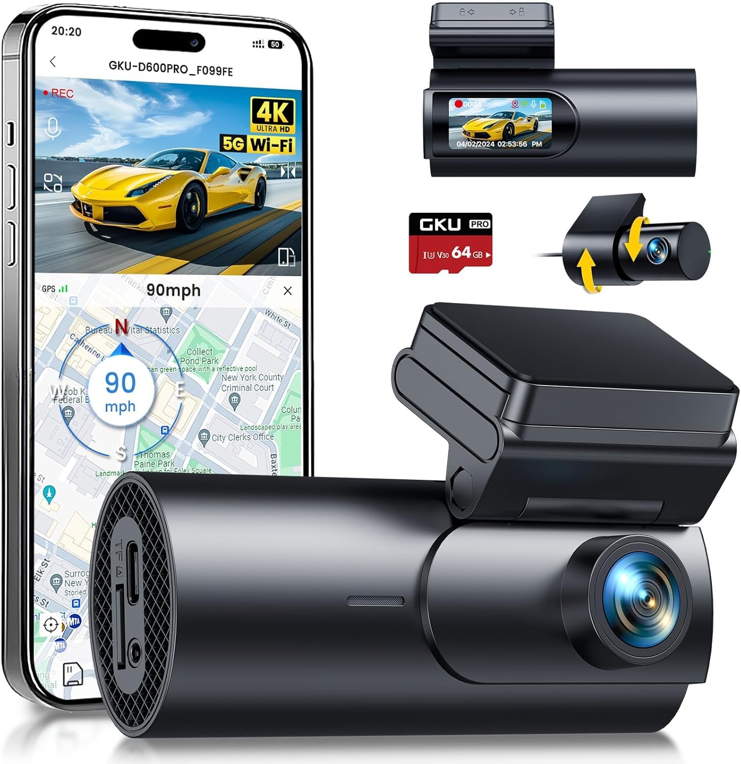 Gku 4K Dash Cam Auto Doppia Telecamera con WiFi e GPS