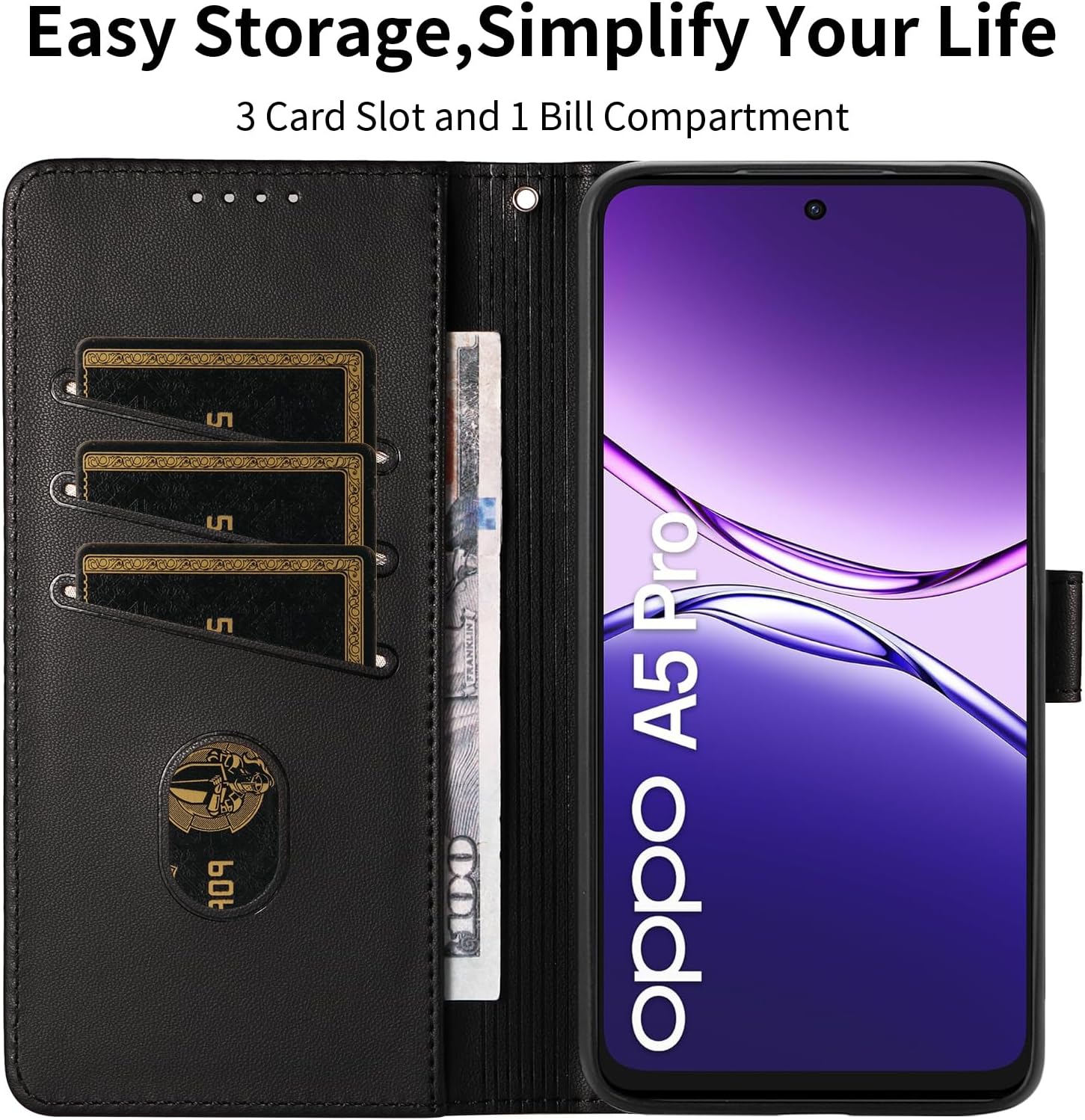 Cover per OPPO A5 Pro (5G/4G) a Libro in Pelle PU, Nero - immagine 2