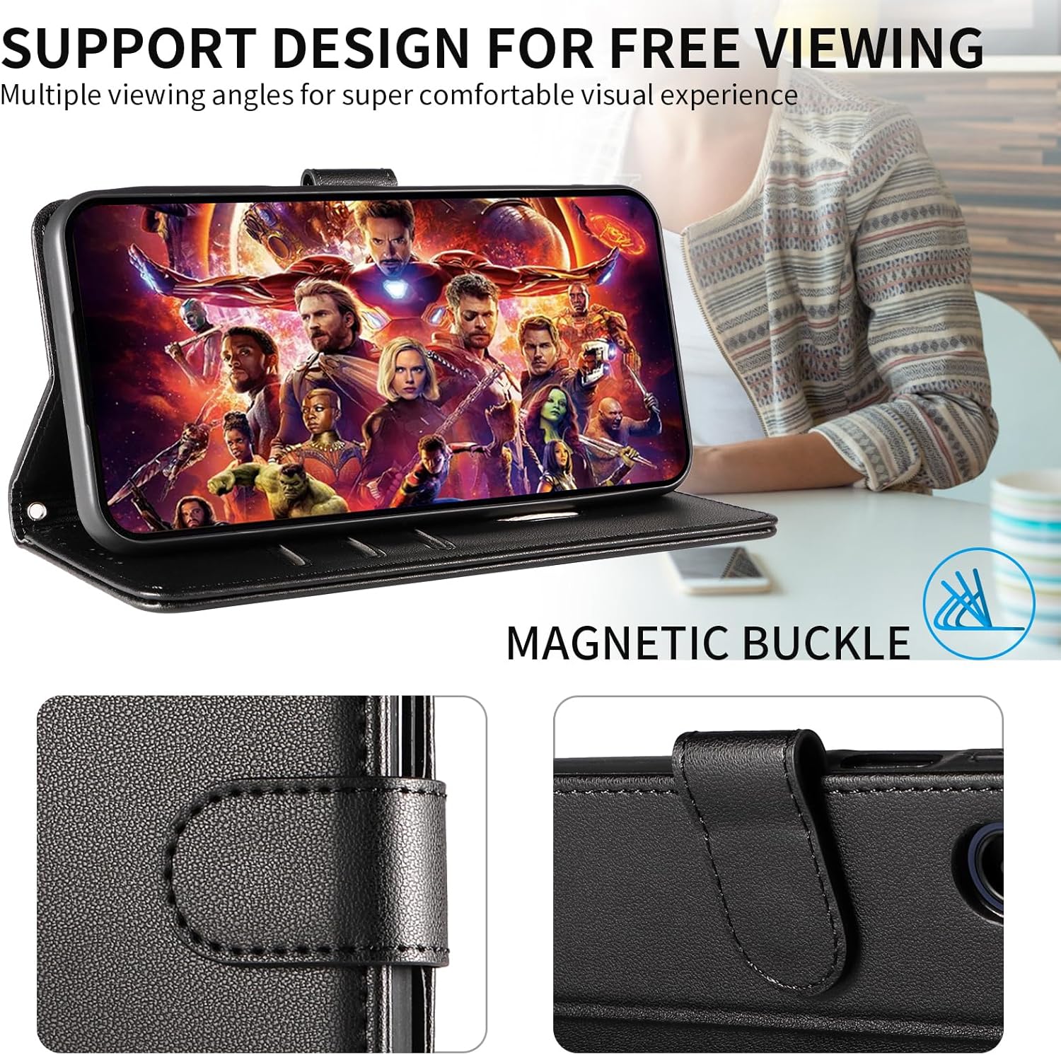 Cover per OPPO A5 Pro (5G/4G) a Libro in Pelle PU, Nero - immagine 4