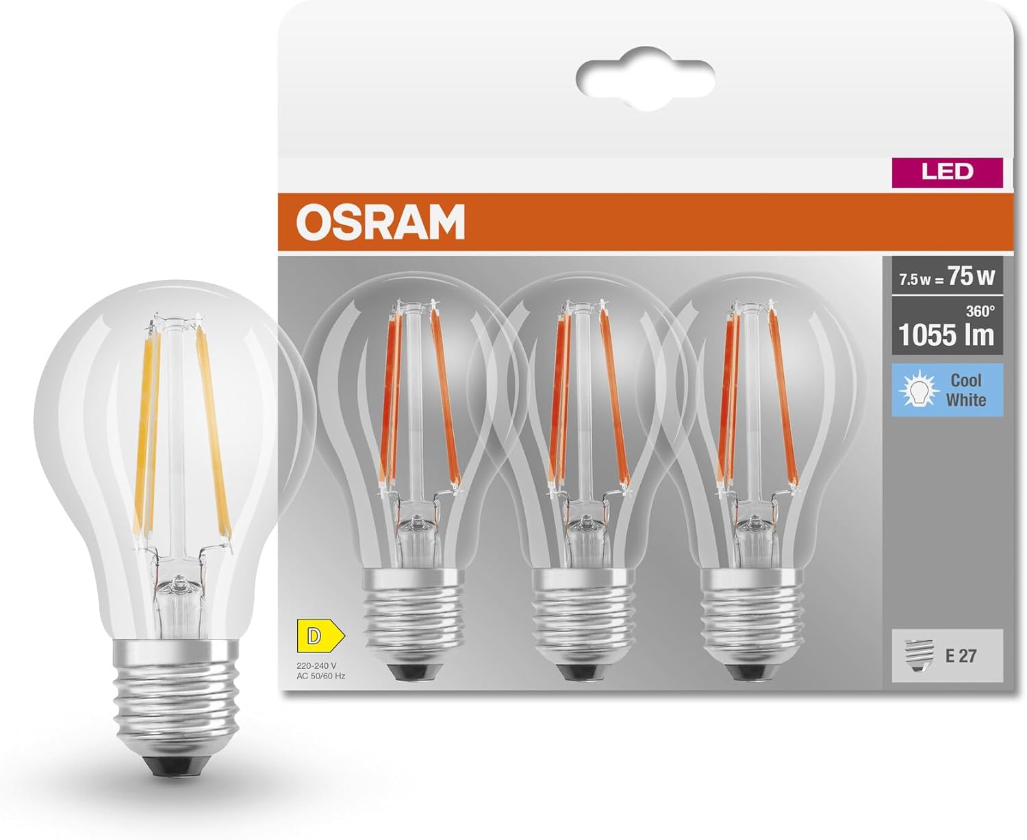 Osram LED BASE Classic A75 E27, 3 pz - immagine 1