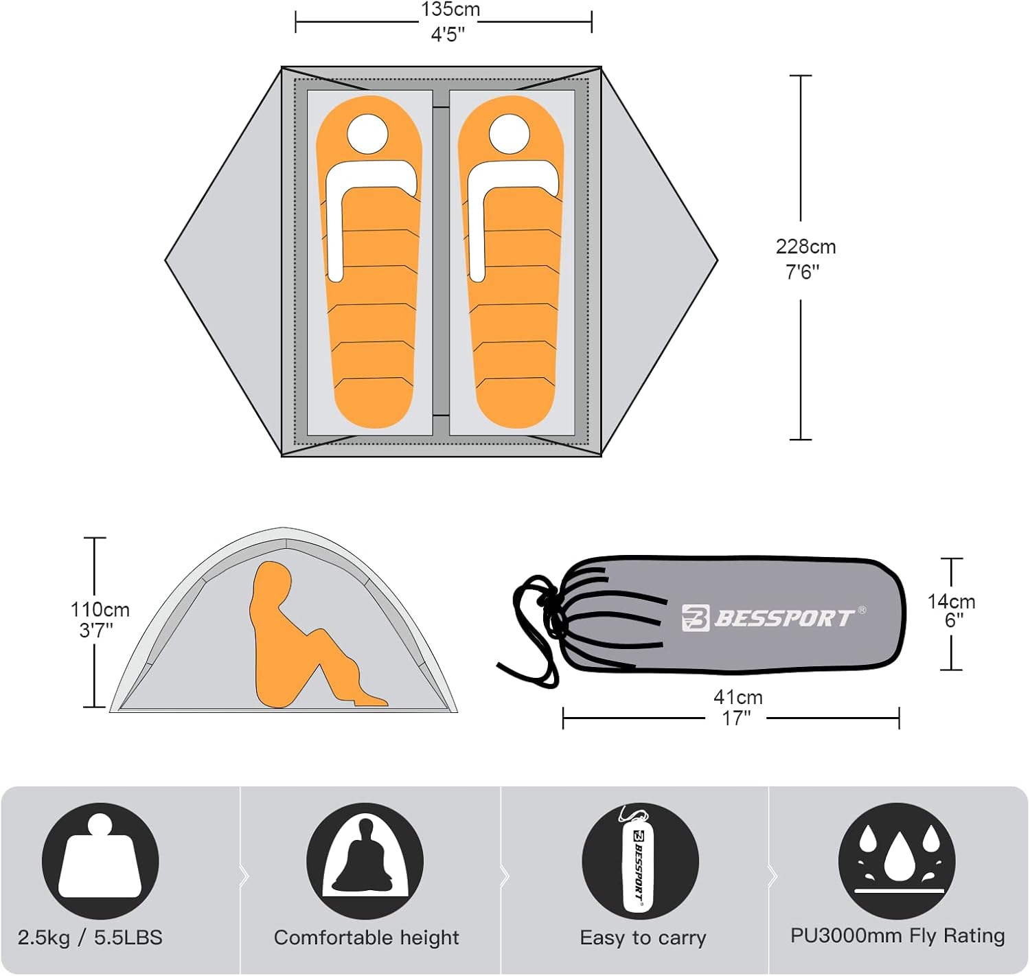 Bessport Tenda da Campeggio 2-3 Persone 4 Stagioni - immagine 2