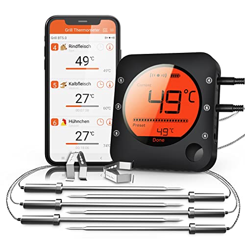 Bfour Termometro da Cucina Digitale Bluetooth 6 Sonde, Nero