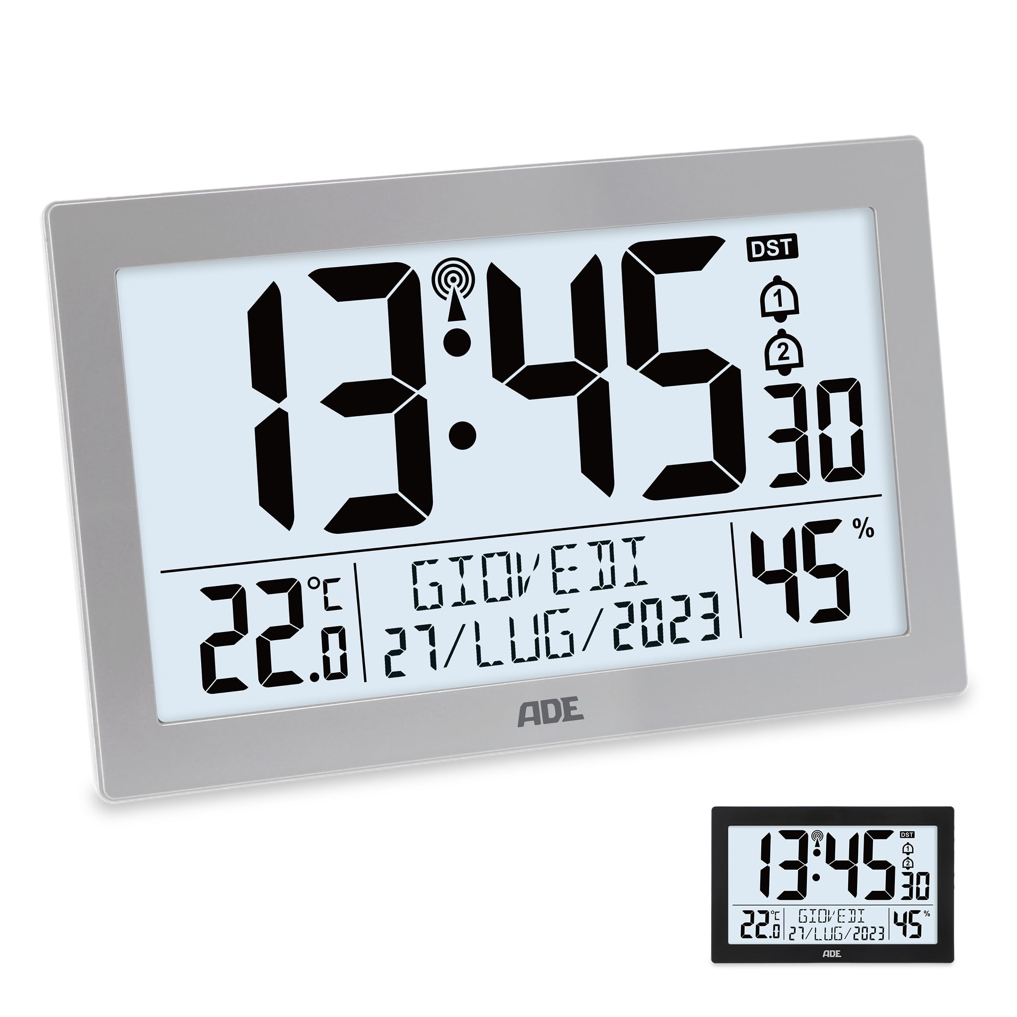 Ade Orologio Digitale Radiocontrollato XL, Argento