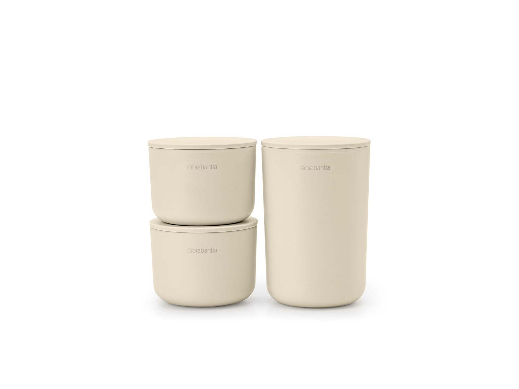 Brabantia - ReNew Contenitori Portaoggetti - Set di 3 - Ideale per Organizzare Piccoli Oggetti in Bagno - Impilabile - Resistente alla Corrosione - Facile da Pulire - Soft Beige - 15,2 x 7,6 cm