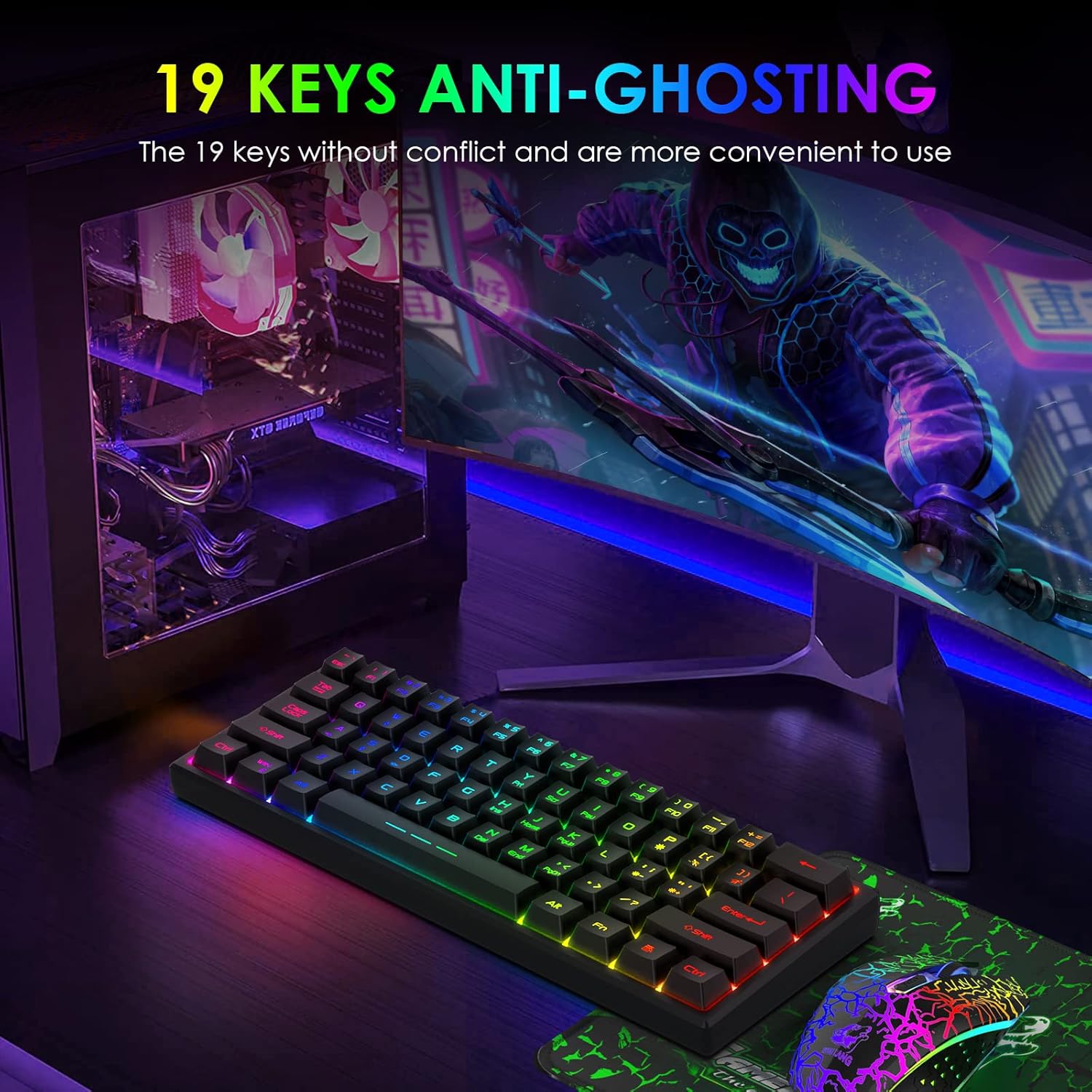 Combo Tastiera e Mouse Wireless 60% Ricaricabile, Nero - immagine 6