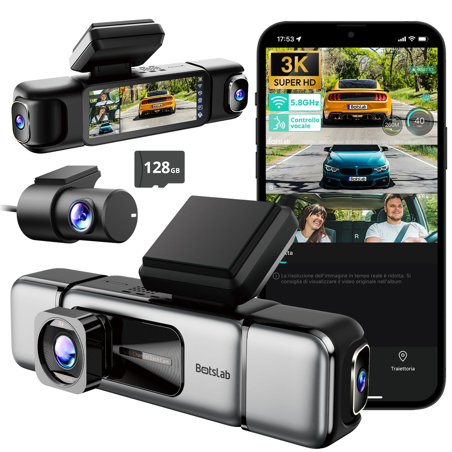 Botslab 3K 4 Canali Dash Cam 560° con 128GB SD