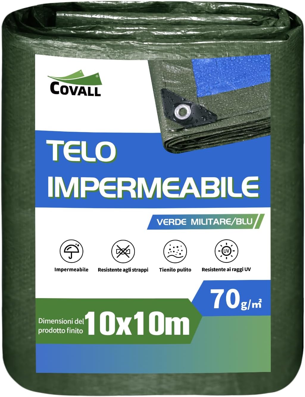 Covall Telone Leggero Antipioggia 10x10m, Verde/Blu - immagine 1