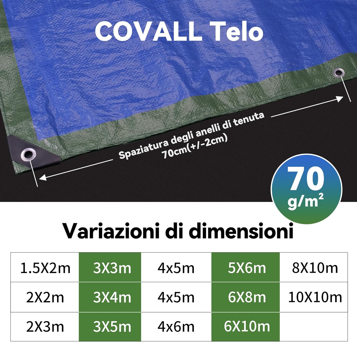 Covall Telone Leggero Antipioggia 10x10m, Verde/Blu - immagine 5