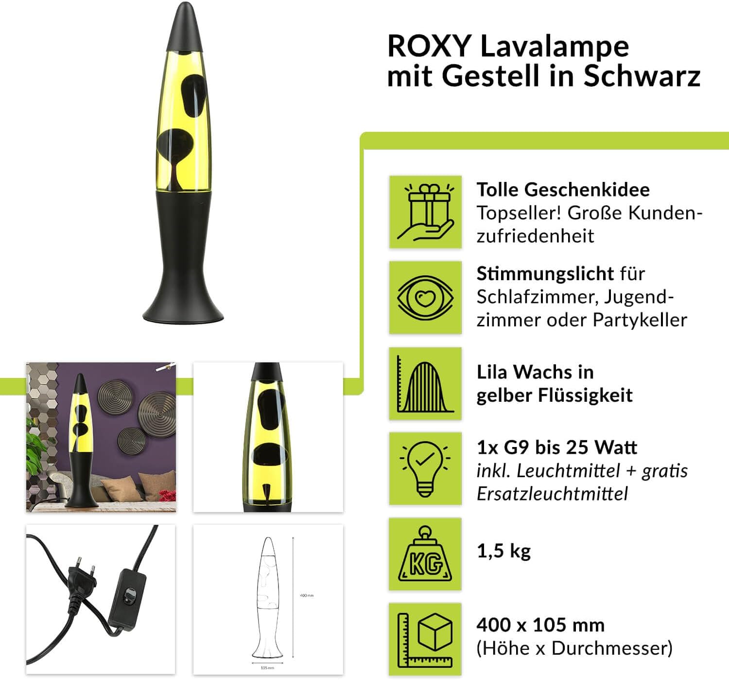 Easylight Lampada Lava 40 cm, Nero Giallo Viola - immagine 2