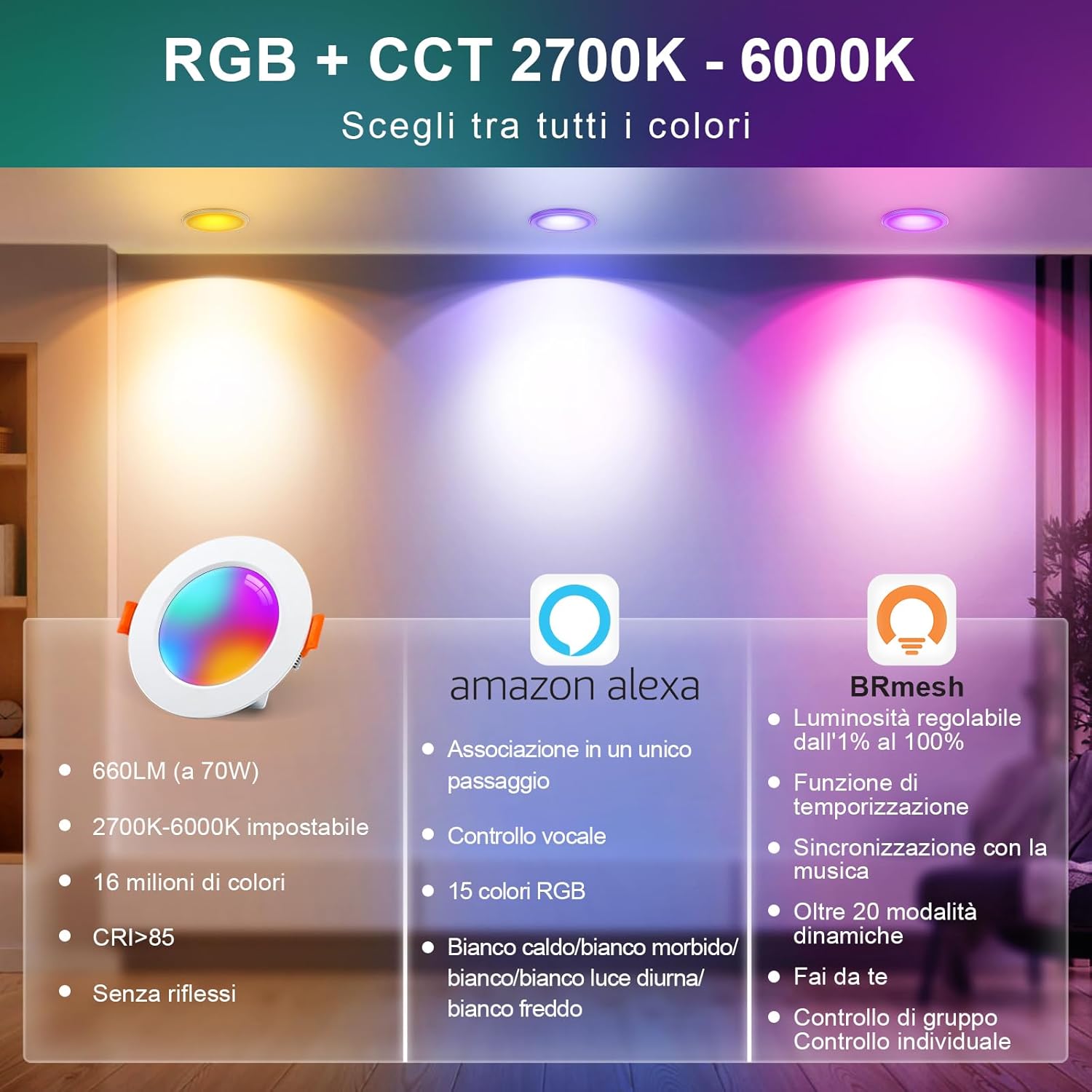 Faretti Led da Incasso Smart Bluetooth RGBWW 7W, 6 pezzi - immagine 3