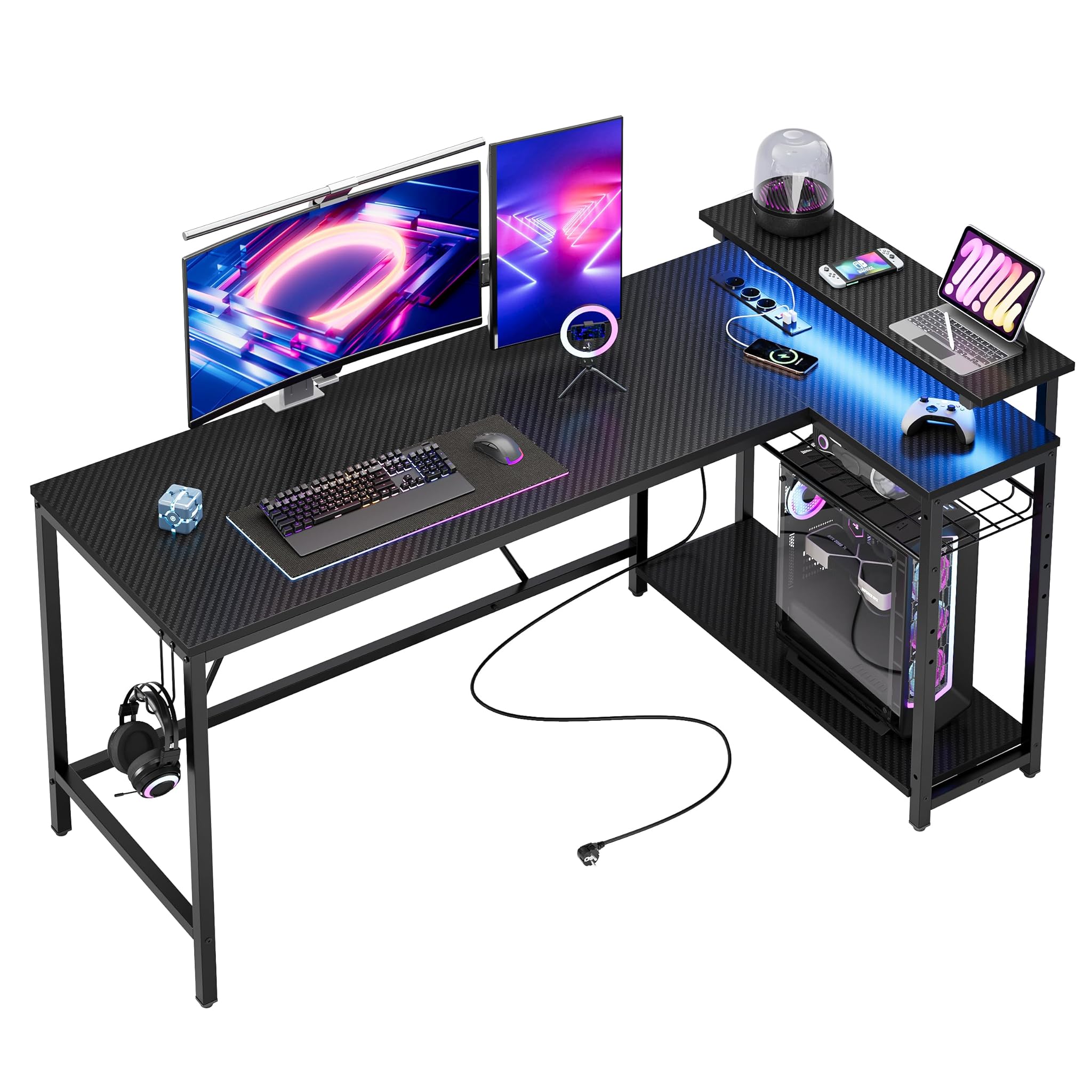 Bestier Scrivania Gaming a L 147cm con LED e Prese
