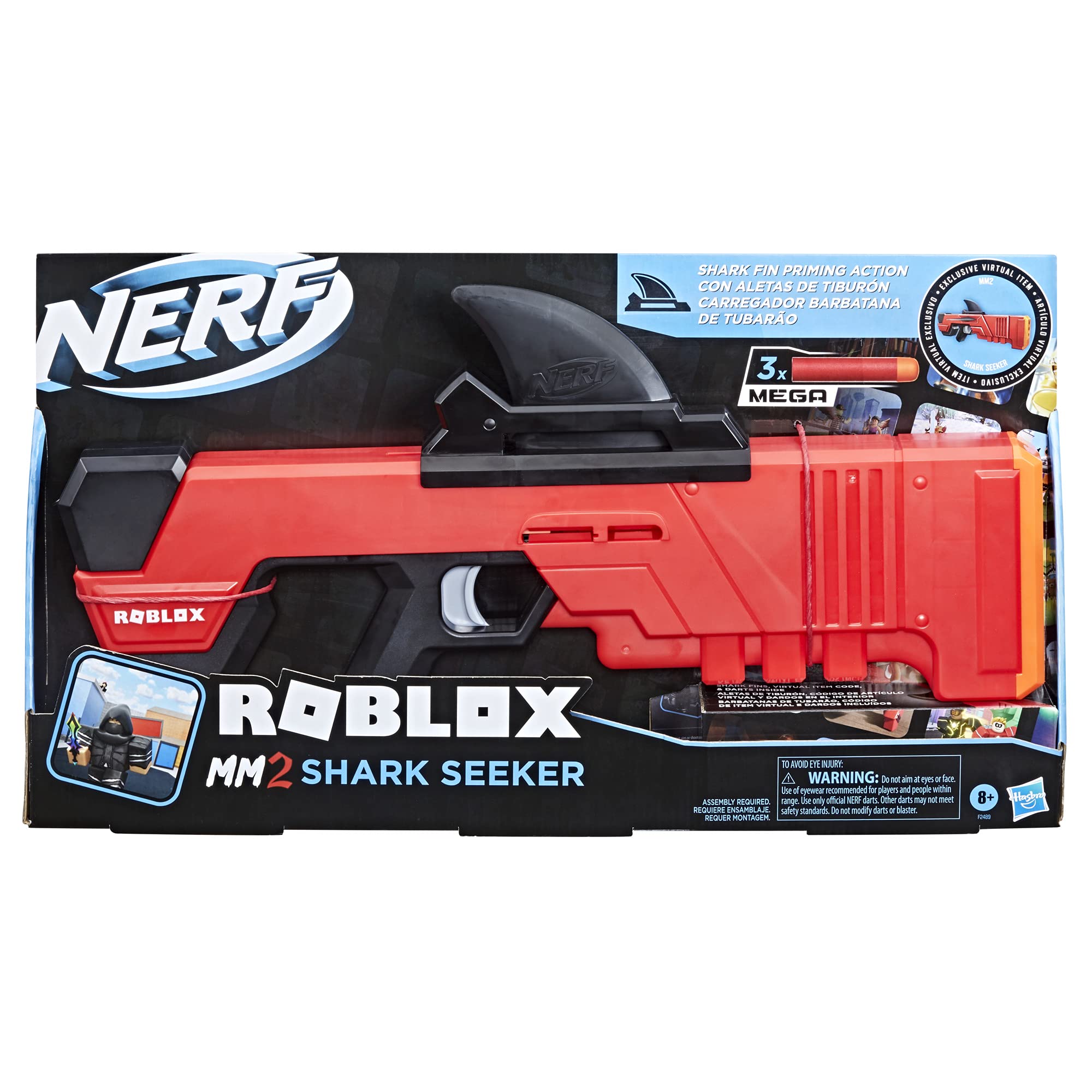 NERF Roblox MM2 Shark Seeker - Pistola con dardi, con Pinna di Squalo e 3 Mega Freccette, Codice per attivare un oggetto di gioco virtuale