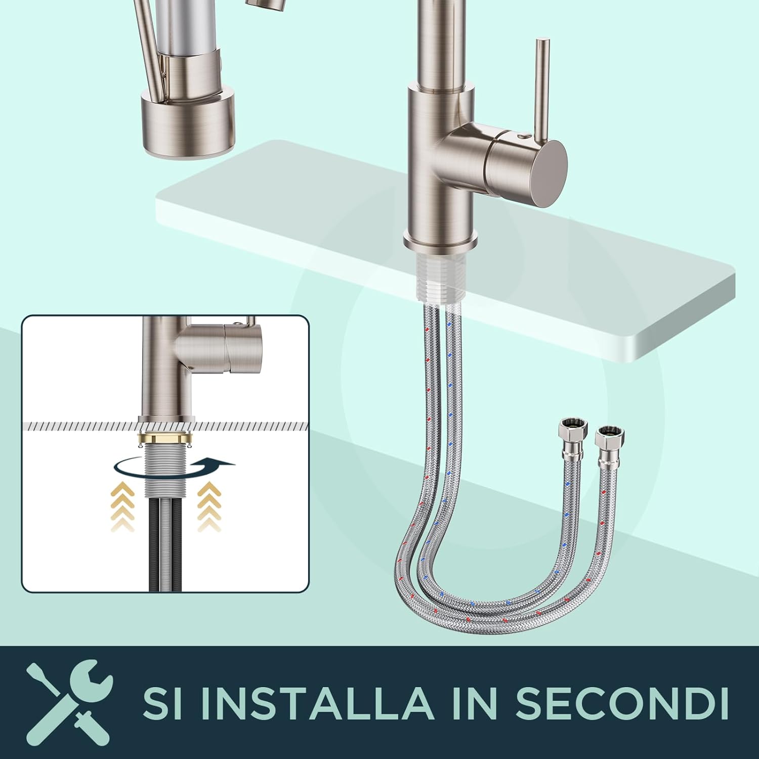 Forious Rubinetto Lavabo Cucina Acciaio Inox, Due Maniglie - immagine 6