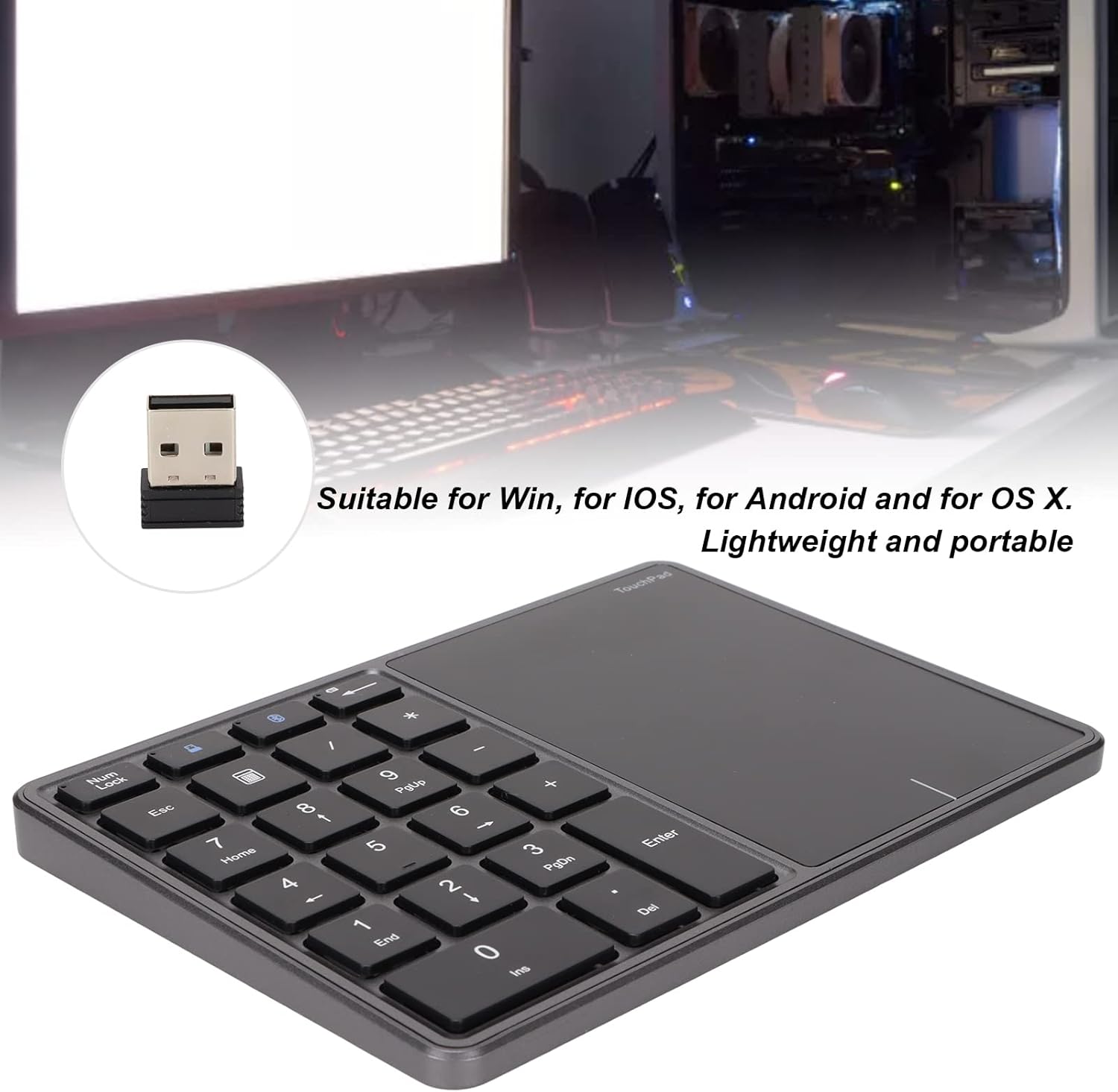 Tastierino Numerico Wireless 2 in 1 con Touchpad, Grigio - immagine 3