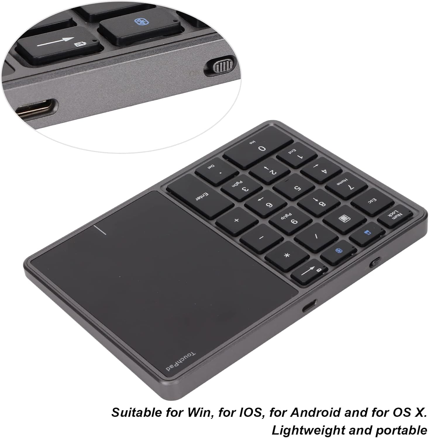 Tastierino Numerico Wireless 2 in 1 con Touchpad, Grigio - immagine 4