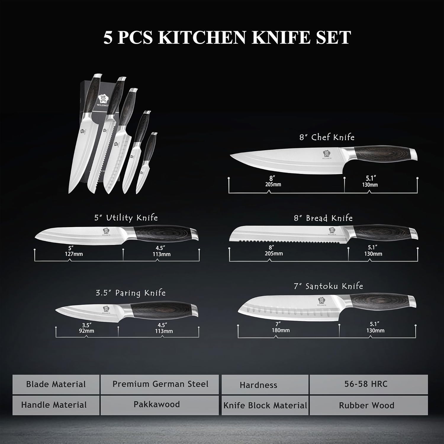 Wildmok Set di Coltelli da Cucina Professionali 5 Pezzi - immagine 2
